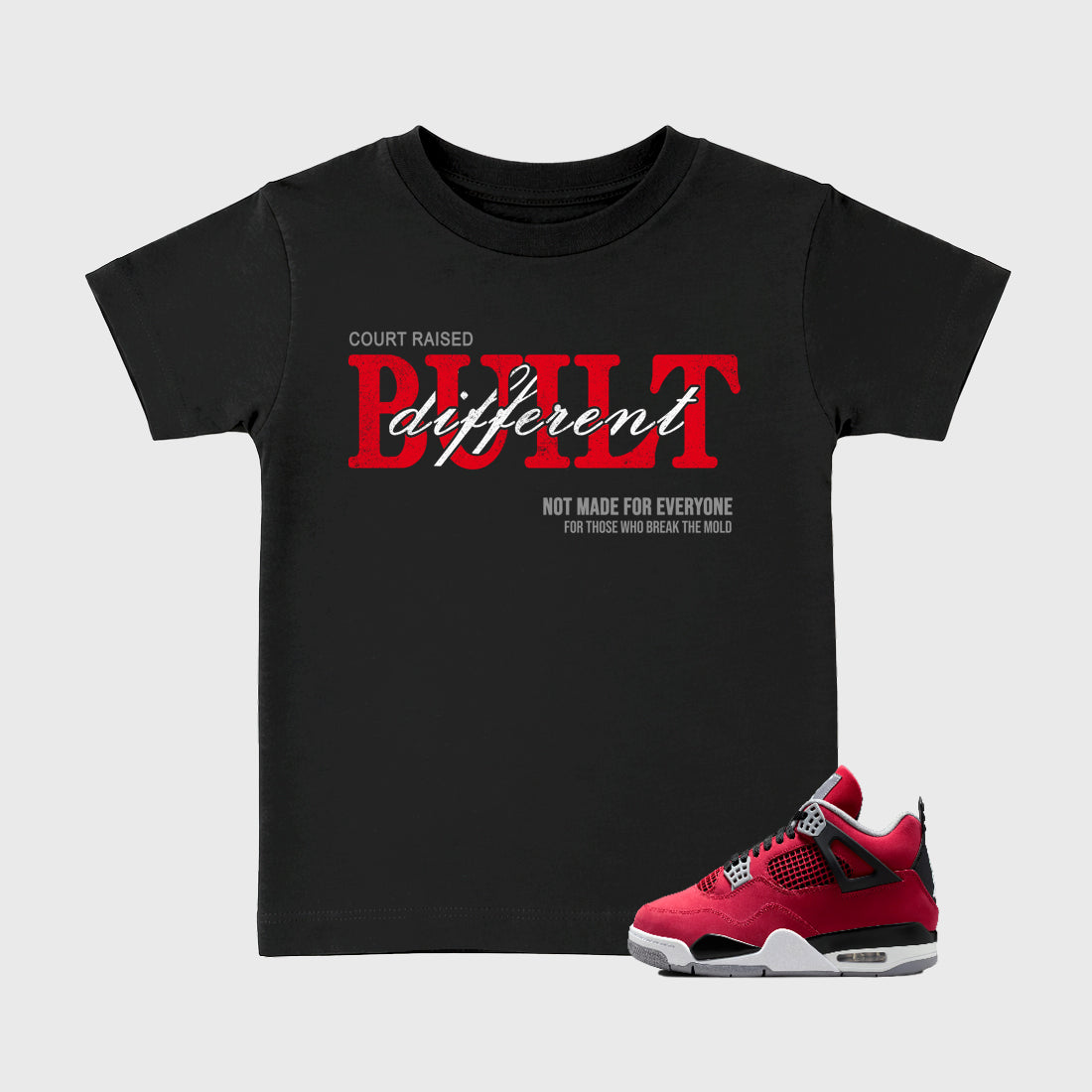 Vintage Built Different affordable baby and kids t-shirt designed to match the Air Jordan 4 Toro Bravo, featuring coordinated Black 1 options for the perfect little sneakerhead streetwear look.