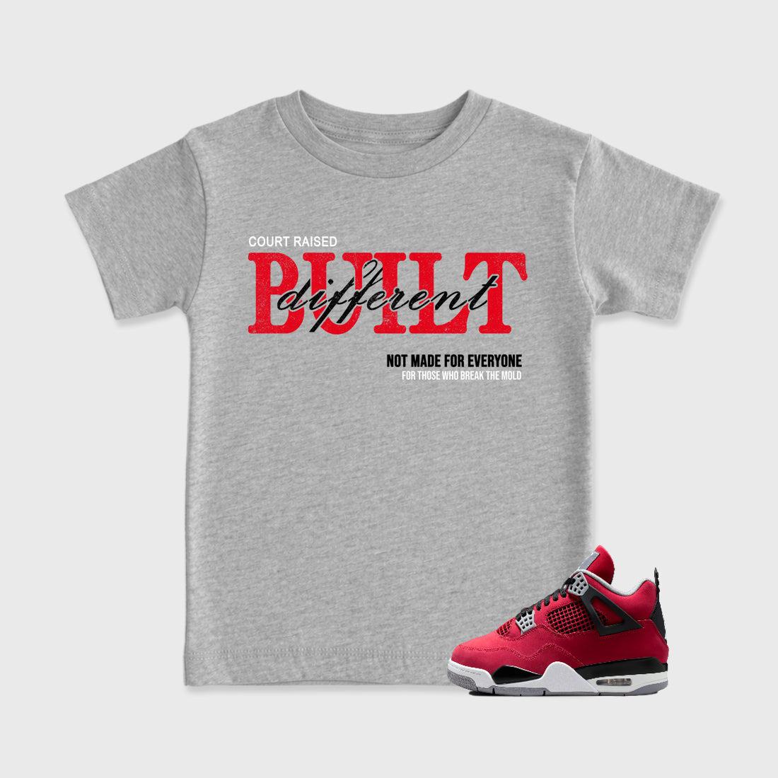 Vintage Built Different affordable baby and kids t-shirt designed to match the Air Jordan 4 Toro Bravo, featuring coordinated Heather Grey 1 options for the perfect little sneakerhead streetwear look.