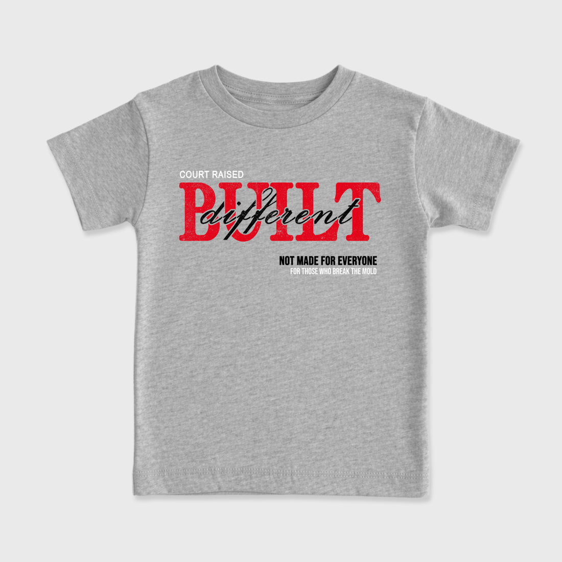 Vintage Built Different affordable baby and kids t-shirt designed to match the Air Jordan 4 Toro Bravo, featuring coordinated Heather Grey 2 options for the perfect little sneakerhead streetwear look.