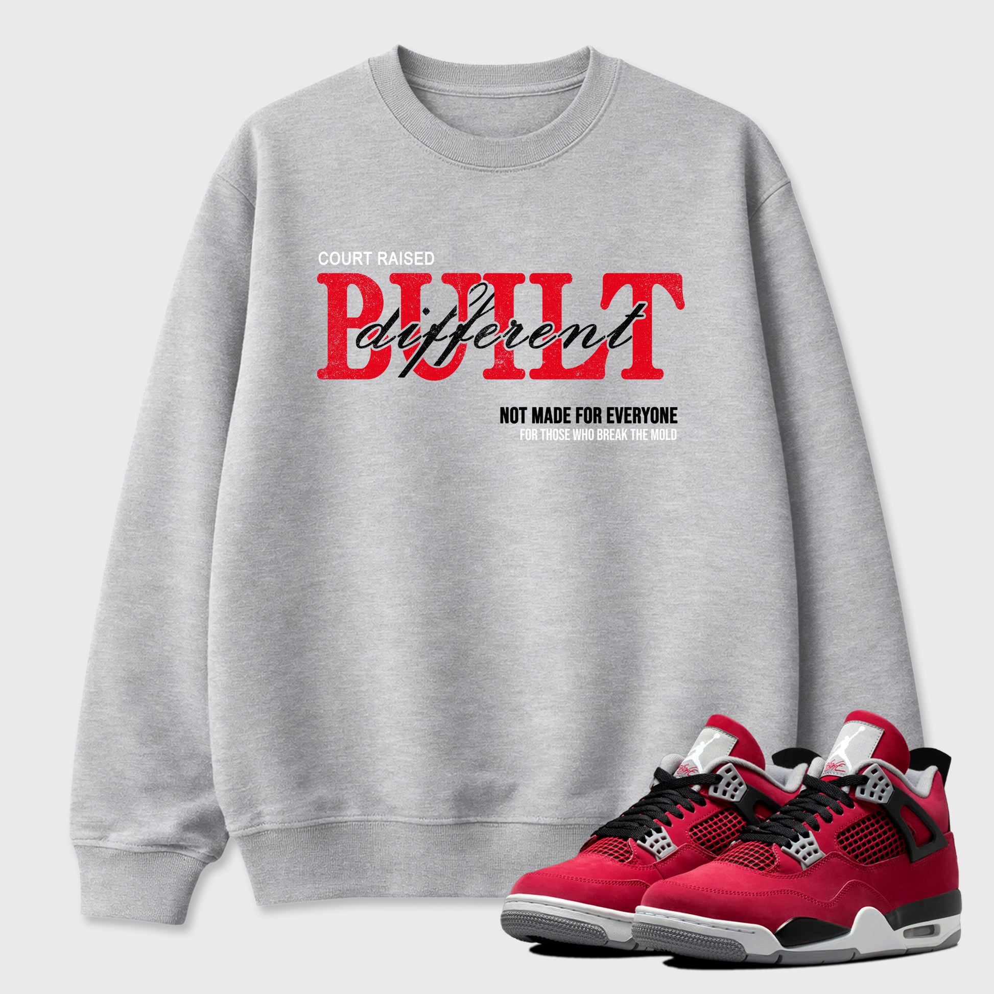 Vintage Built Different Graphic T-Shirt sneaker match tee designed for the Air Jordan 4 Toro Bravo, featuring coordinated color options for a perfect streetwear match. Heather Grey 1 shirt.