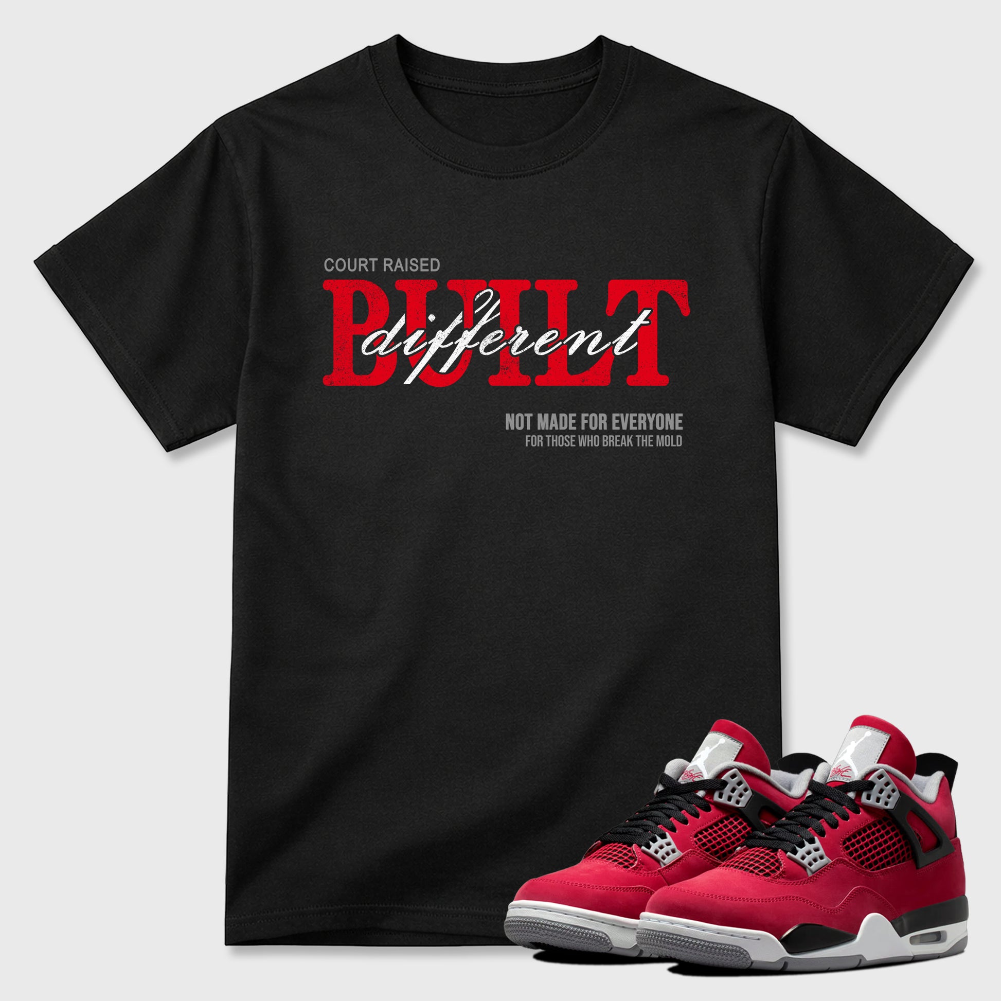 Vintage Built Different Graphic T-Shirt sneaker match tee designed for the Air Jordan 4 Toro Bravo, featuring coordinated color options for a perfect streetwear match. Black 1 shirt.