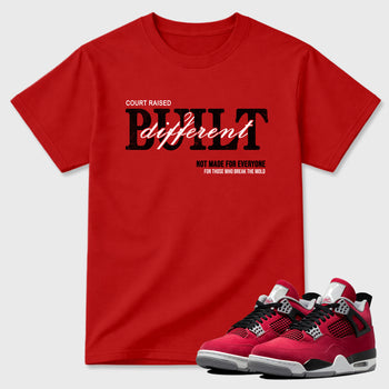 Vintage Built Different Graphic T-Shirt sneaker match tee designed for the Air Jordan 4 Toro Bravo, featuring coordinated color options for a perfect streetwear match. Red 1 shirt.