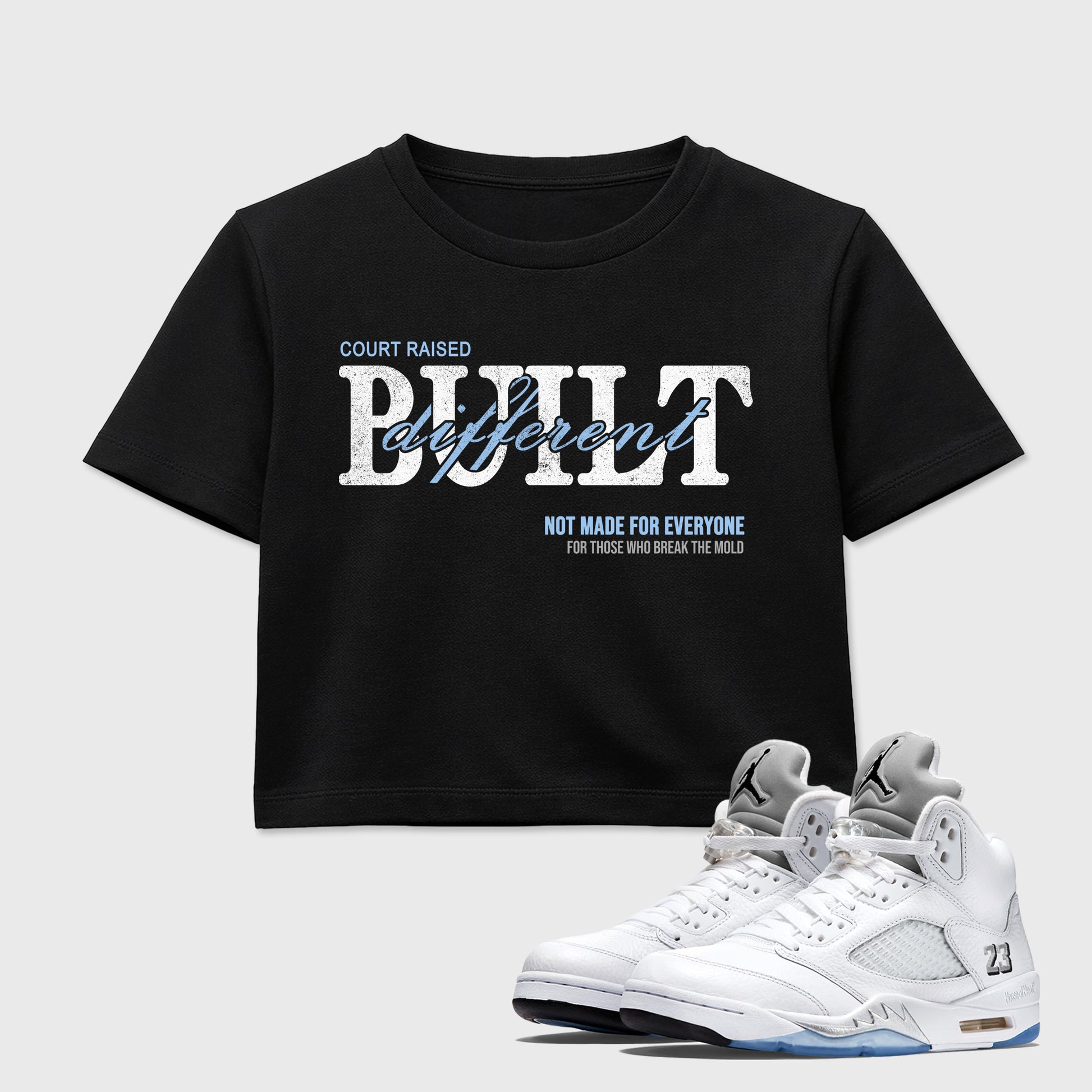 Sneaker match tees – Sneaker Tees To Match Air Jordan 5 White Metallic Shoes – Vintage Built Different Crop T-Shirt Black 1