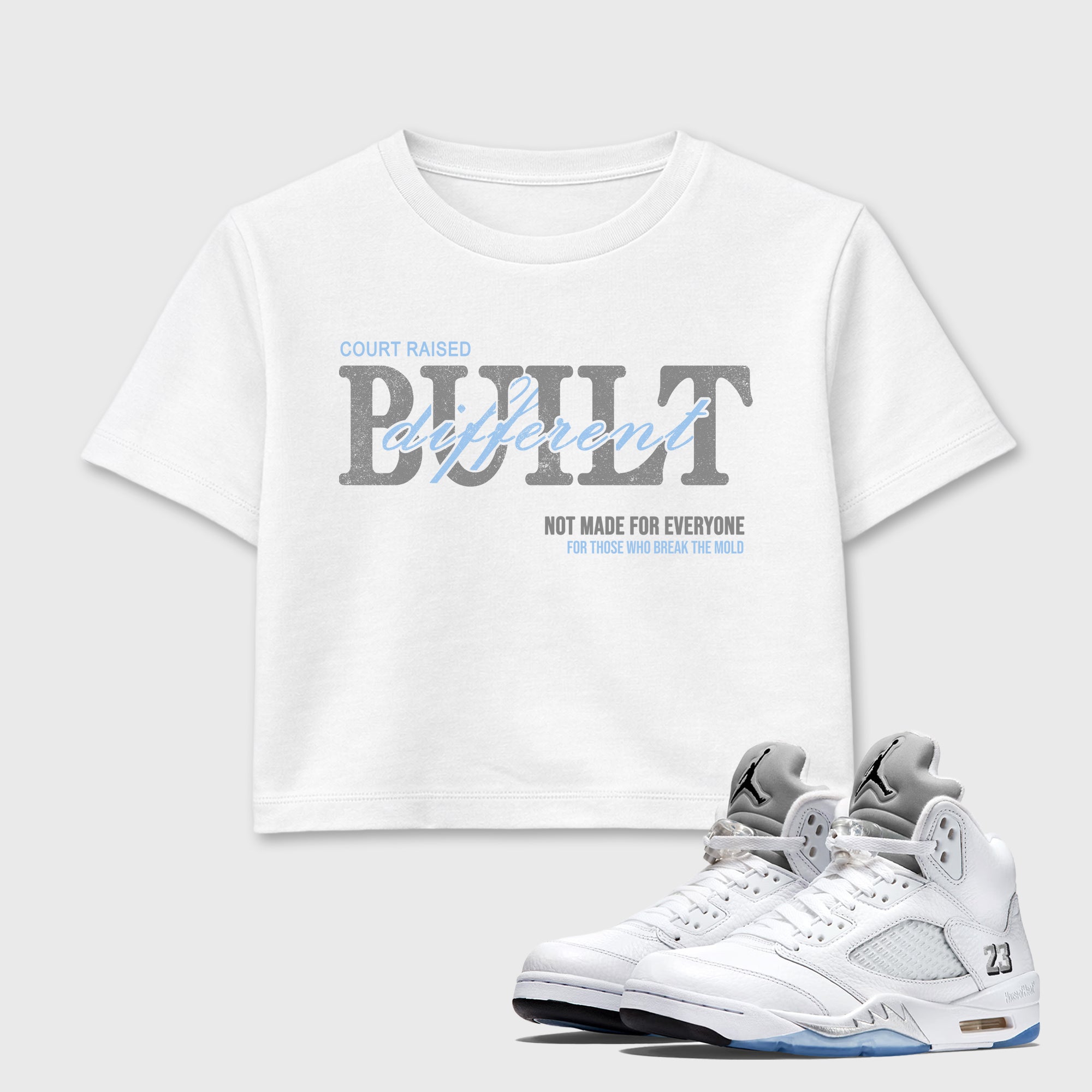 Sneaker match tees – Sneaker Tees To Match Air Jordan 5 White Metallic Shoes – Vintage Built Different Crop T-Shirt White 1