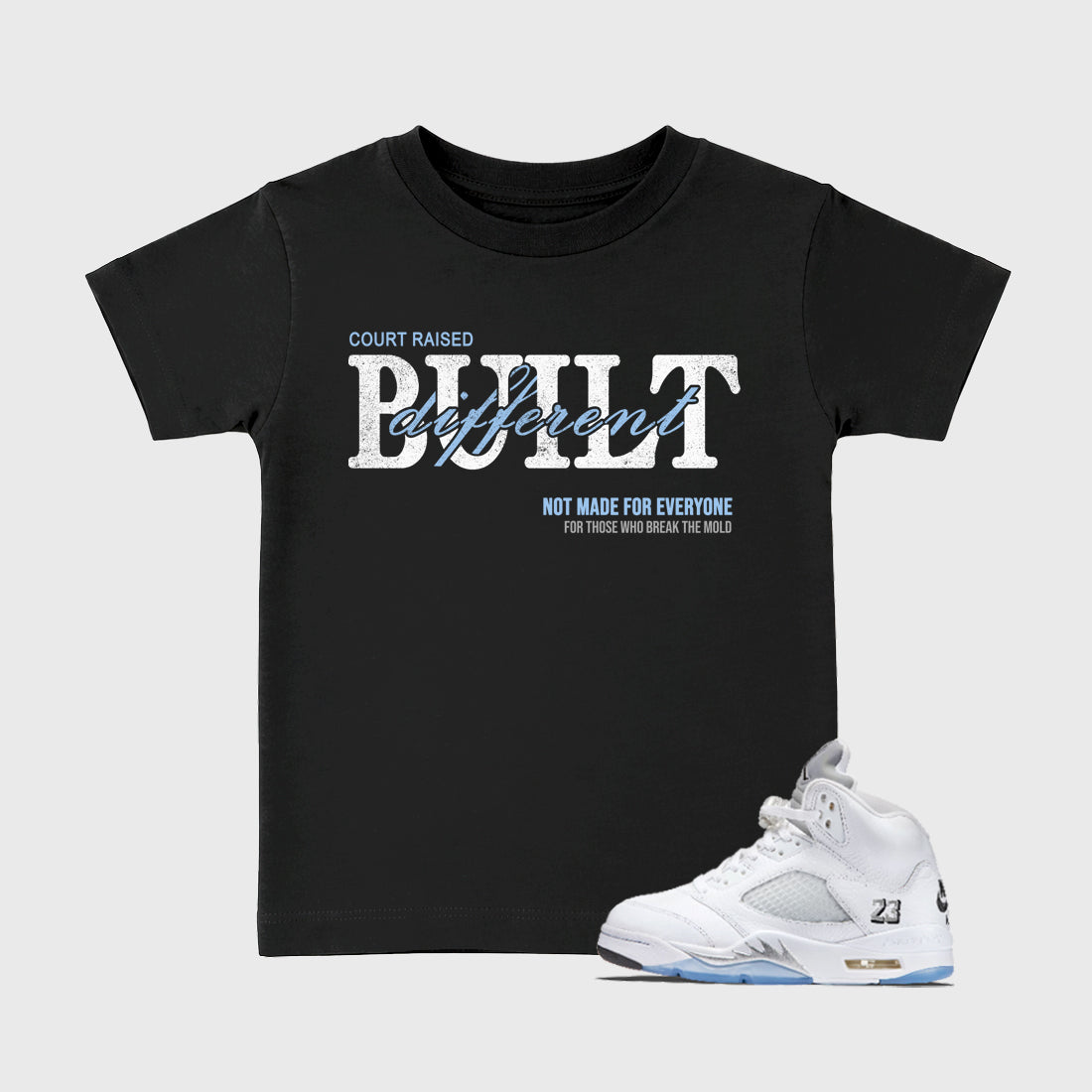 Sneaker match tees – Sneaker Tees To Match Air Jordan 5 White Metallic Shoes – Vintage Built Different Kids T-Shirt Black 1