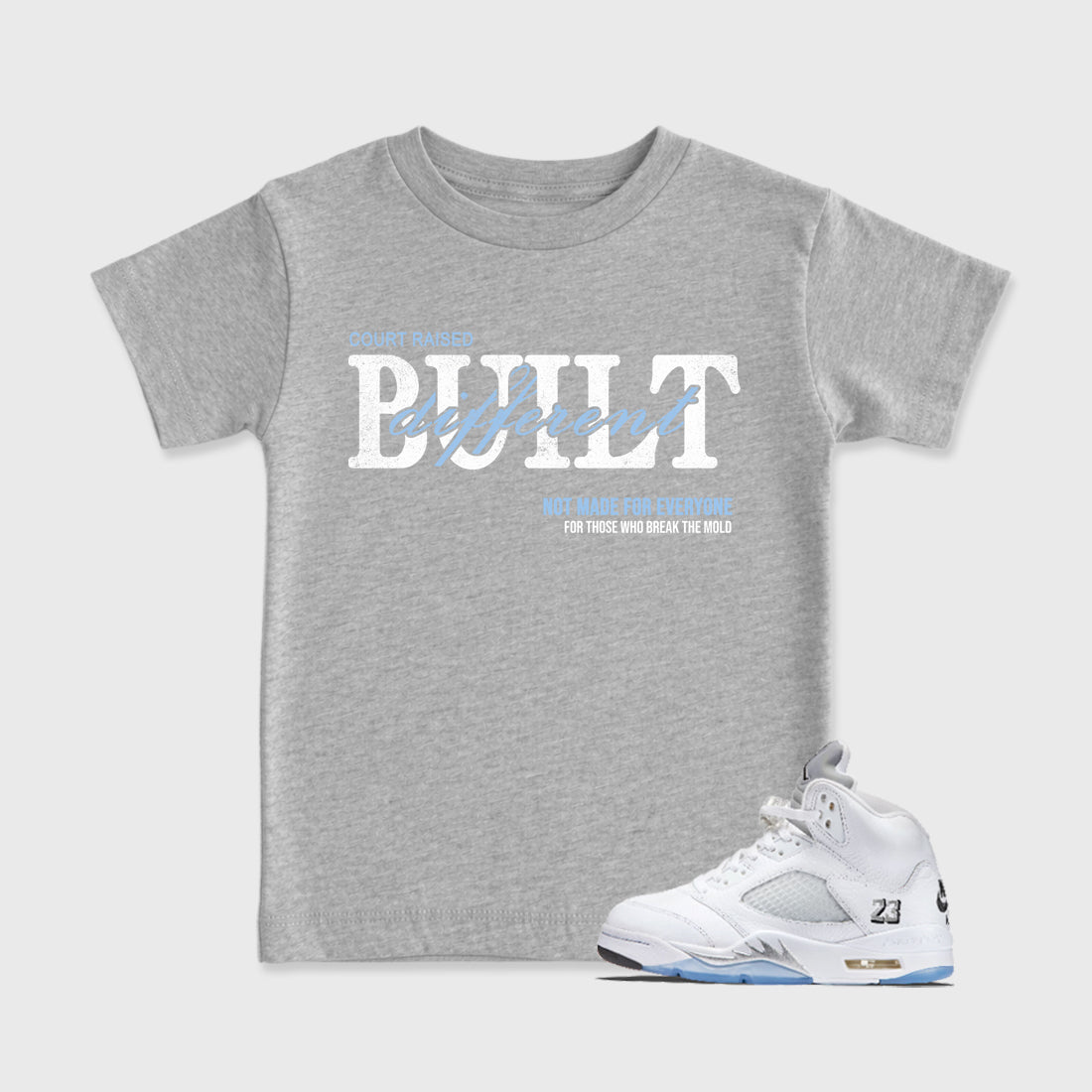 Sneaker match tees – Sneaker Tees To Match Air Jordan 5 White Metallic Shoes – Vintage Built Different Kids T-Shirt Heather Grey 1