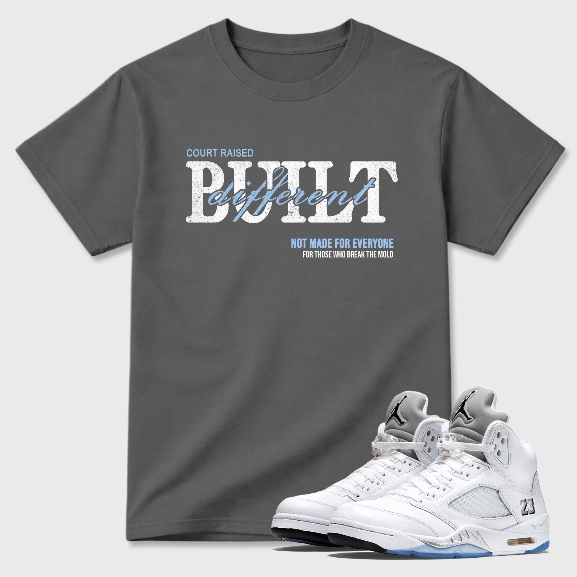 Sneaker match tees – Sneaker Tees To Match Air Jordan 5 White Metallic Shoes – Vintage Built Different Tee Cool Grey 1