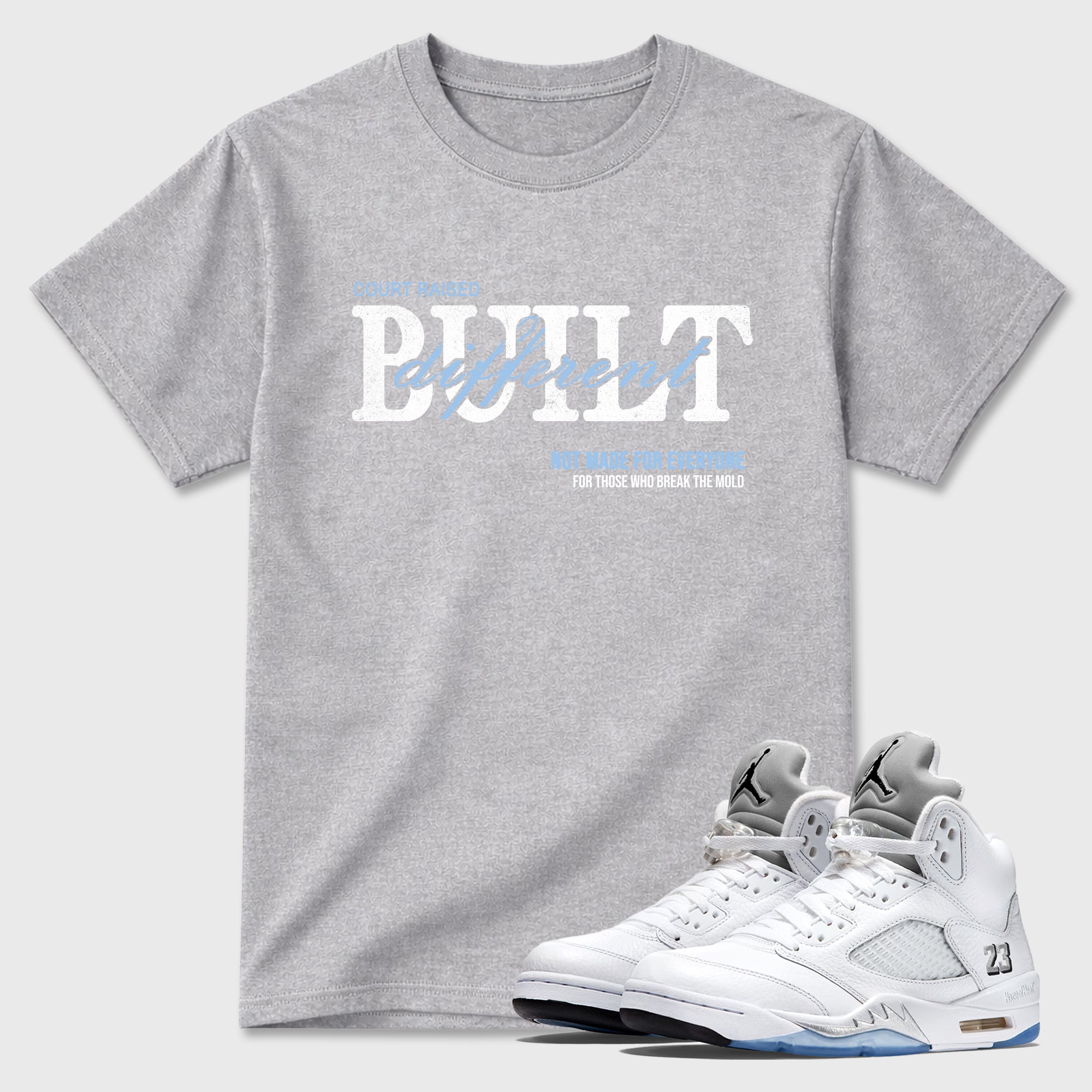 Sneaker match tees – Sneaker Tees To Match Air Jordan 5 White Metallic Shoes – Vintage Built Different Tee Heather Grey 1