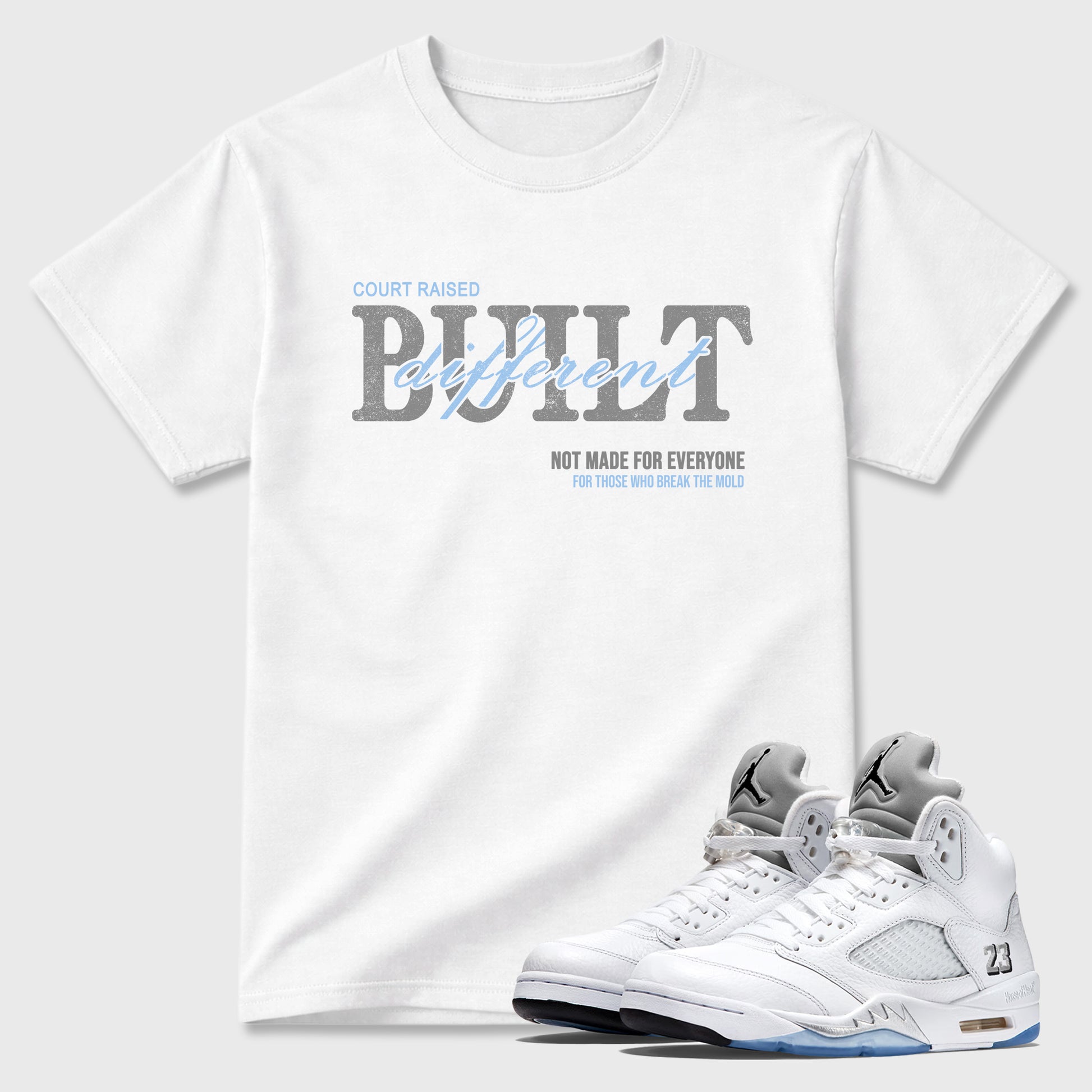 Sneaker match tees – Sneaker Tees To Match Air Jordan 5 White Metallic Shoes – Vintage Built Different Tee White 1