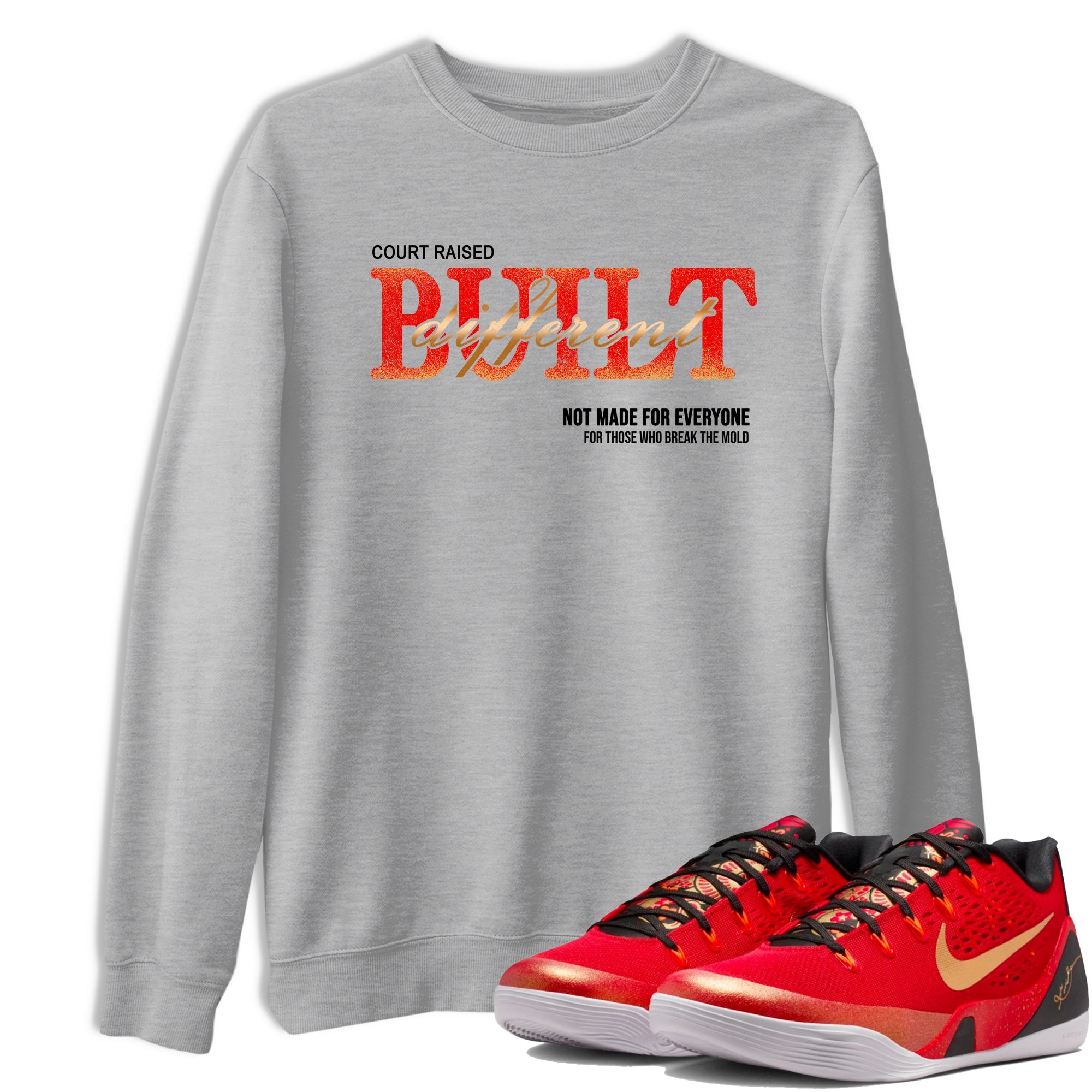 Sneaker match tees – Sneaker Tees To Match Nike KB 9 China Kobe 9 Low Proto EM University Red and Metallic Gold Shoes – Vintage Built Different Tee Heather Grey 1
