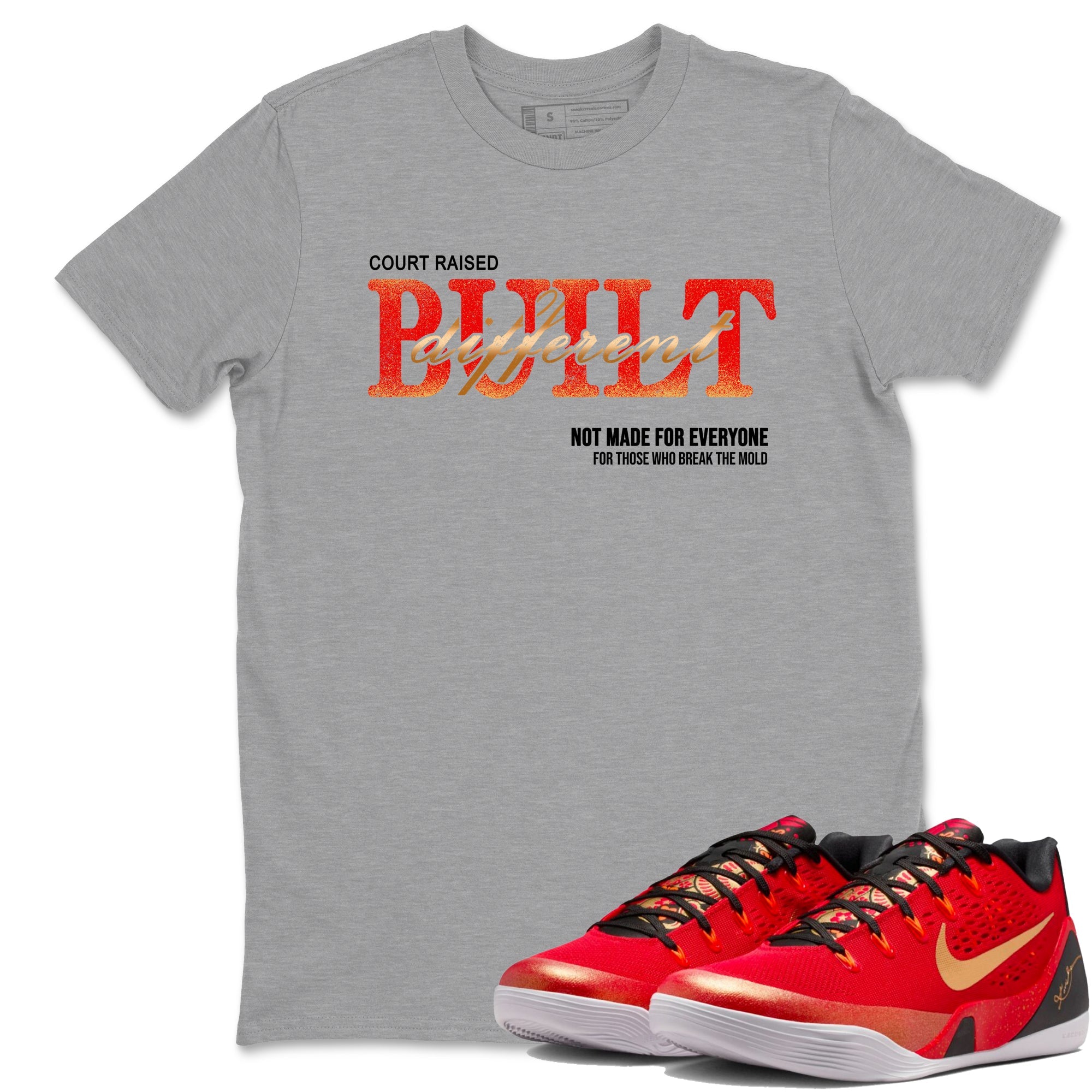 Sneaker match tees – Sneaker Tees To Match Nike KB 9 China Kobe 9 Low Proto EM University Red and Metallic Gold Shoes – Vintage Built Different Tee Heather Grey 1