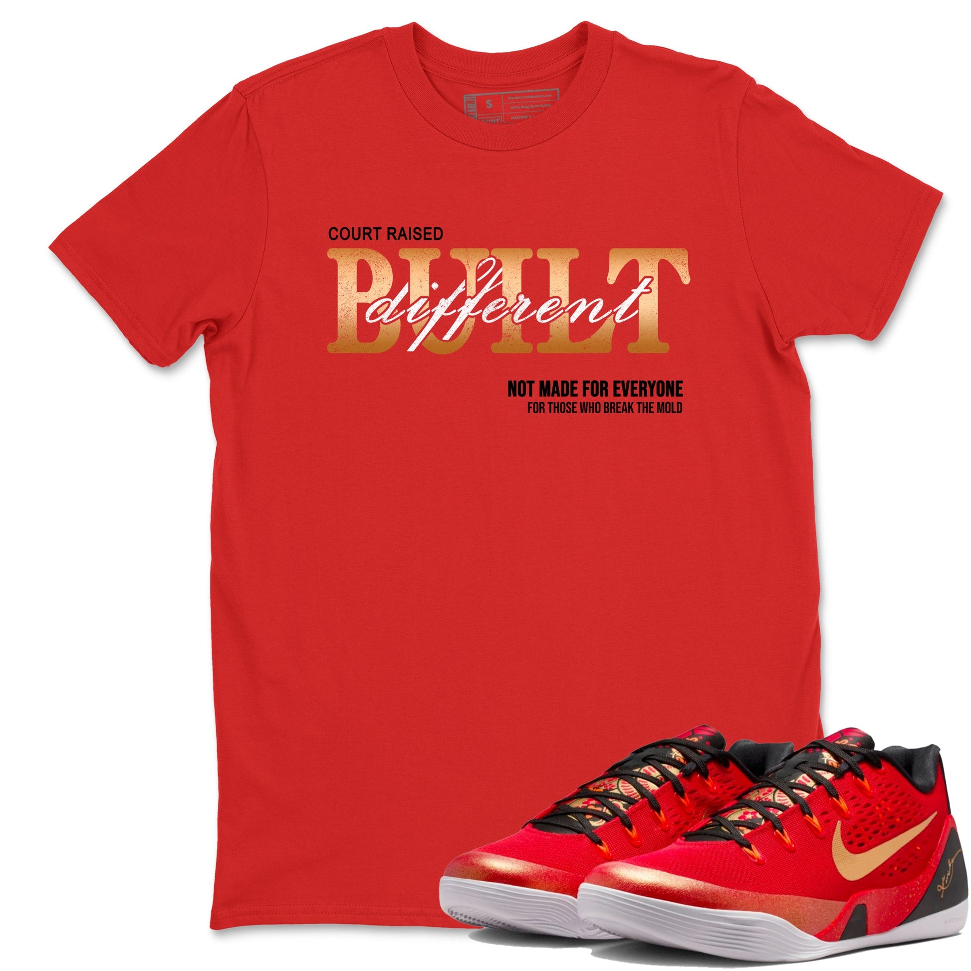 Sneaker match tees – Sneaker Tees To Match Nike KB 9 China Kobe 9 Low Proto EM University Red and Metallic Gold Shoes – Vintage Built Different Tee Red 1