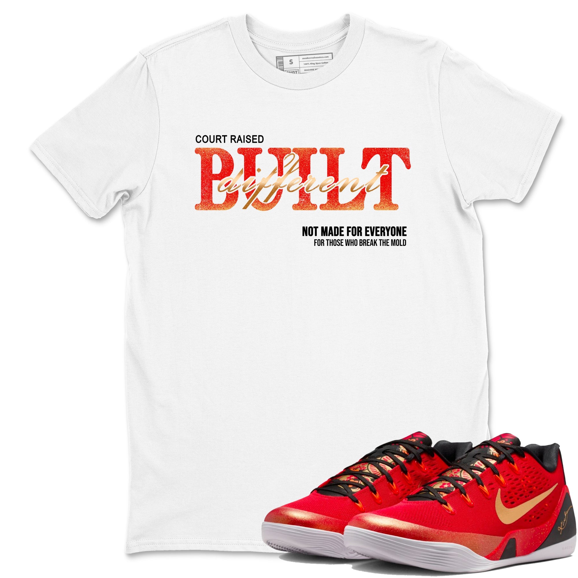 Sneaker match tees – Sneaker Tees To Match Nike KB 9 China Kobe 9 Low Proto EM University Red and Metallic Gold Shoes – Vintage Built Different Tee White 1