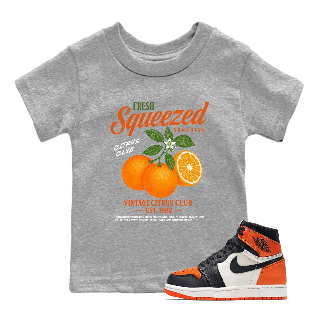 Sneaker match tees – Streetwear Graphic Tees Air Jordan 1 Shattered Backboard Sneakers – Vintage Citrus Club Kids Craphic T-Shirt Heather Grey 1