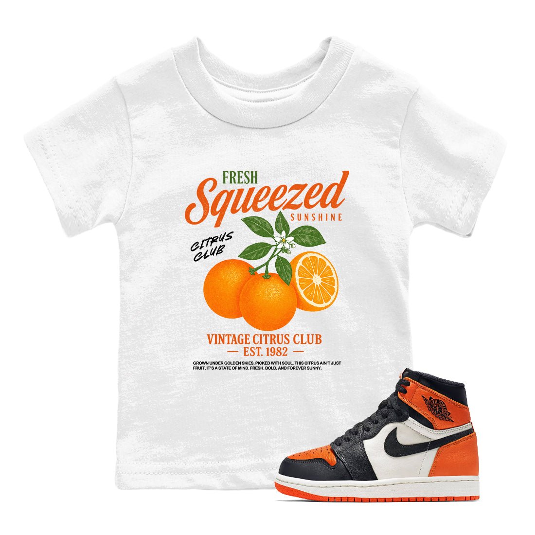 Sneaker match tees – Streetwear Graphic Tees Air Jordan 1 Shattered Backboard Sneakers – Vintage Citrus Club Kids Craphic T-Shirt White 1