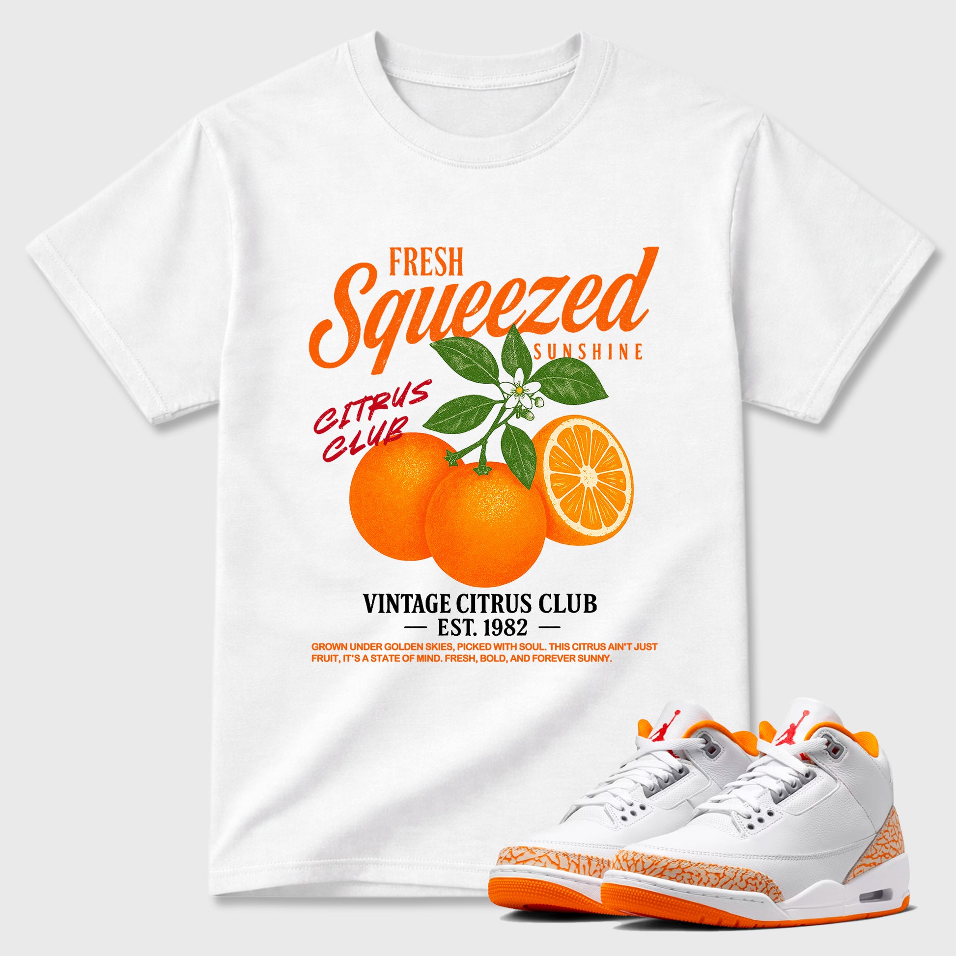 Sneaker match tees – Sneaker Tees To Match Air Jordan 3 Orange Citrus Shoes – Vintage Citrus Club Tee White 1
