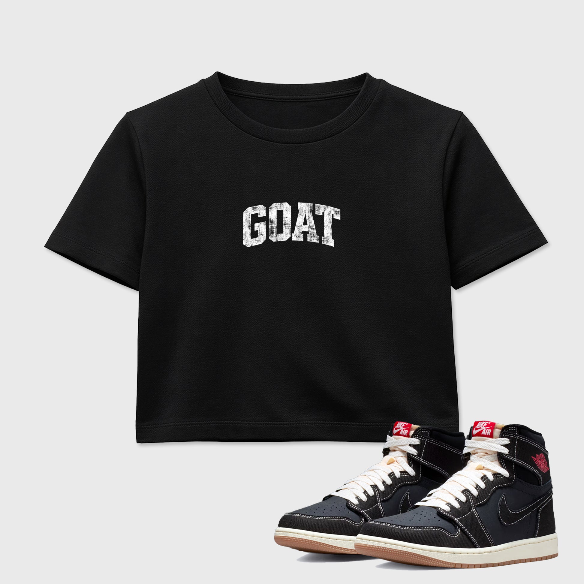 Sneaker match tees – Sneaker Tees To Match Air Jordan 1 Flight Club Shoes – Vintage Goat Crop T-Shirt Black 1