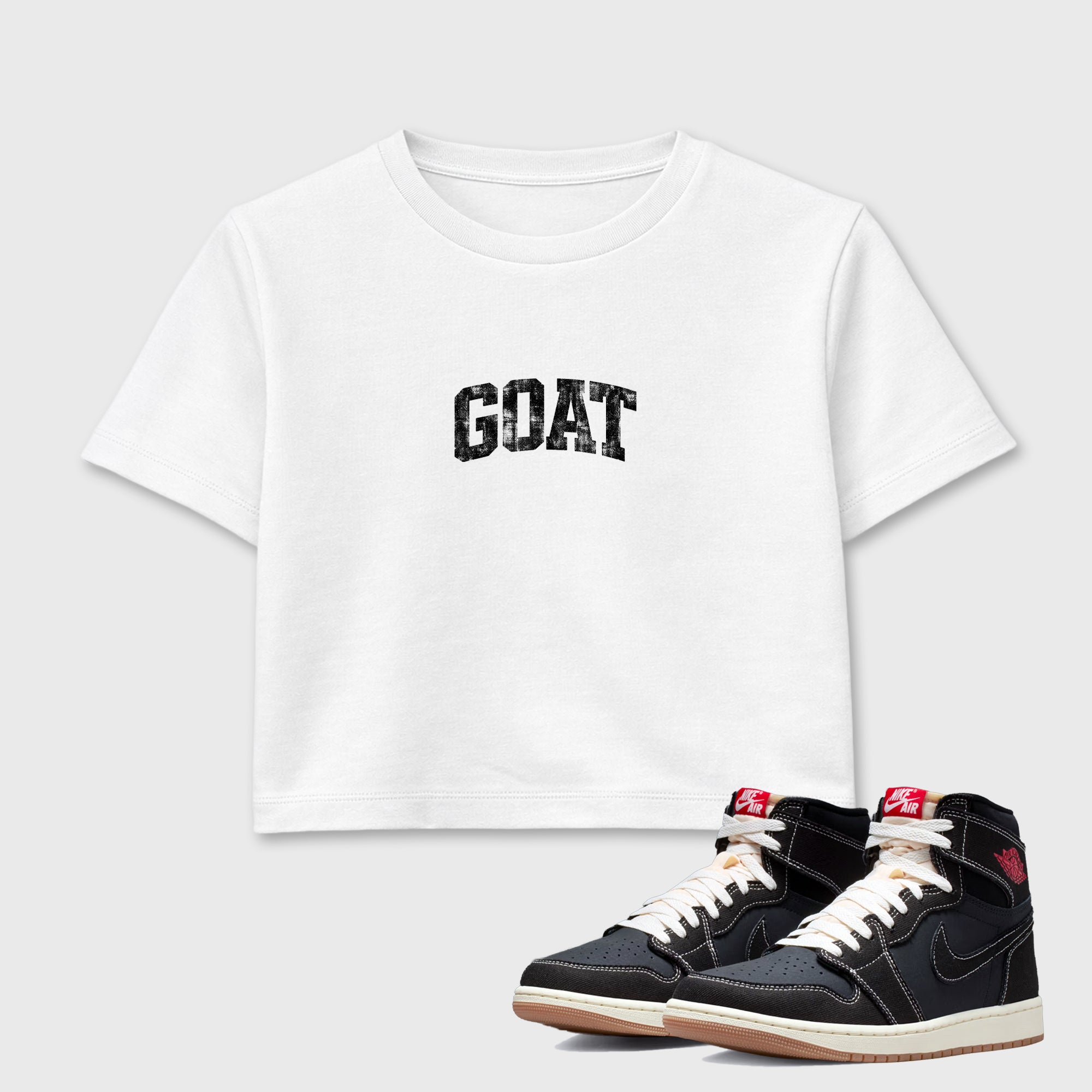 Sneaker match tees – Sneaker Tees To Match Air Jordan 1 Flight Club Shoes – Vintage Goat Crop T-Shirt White 1