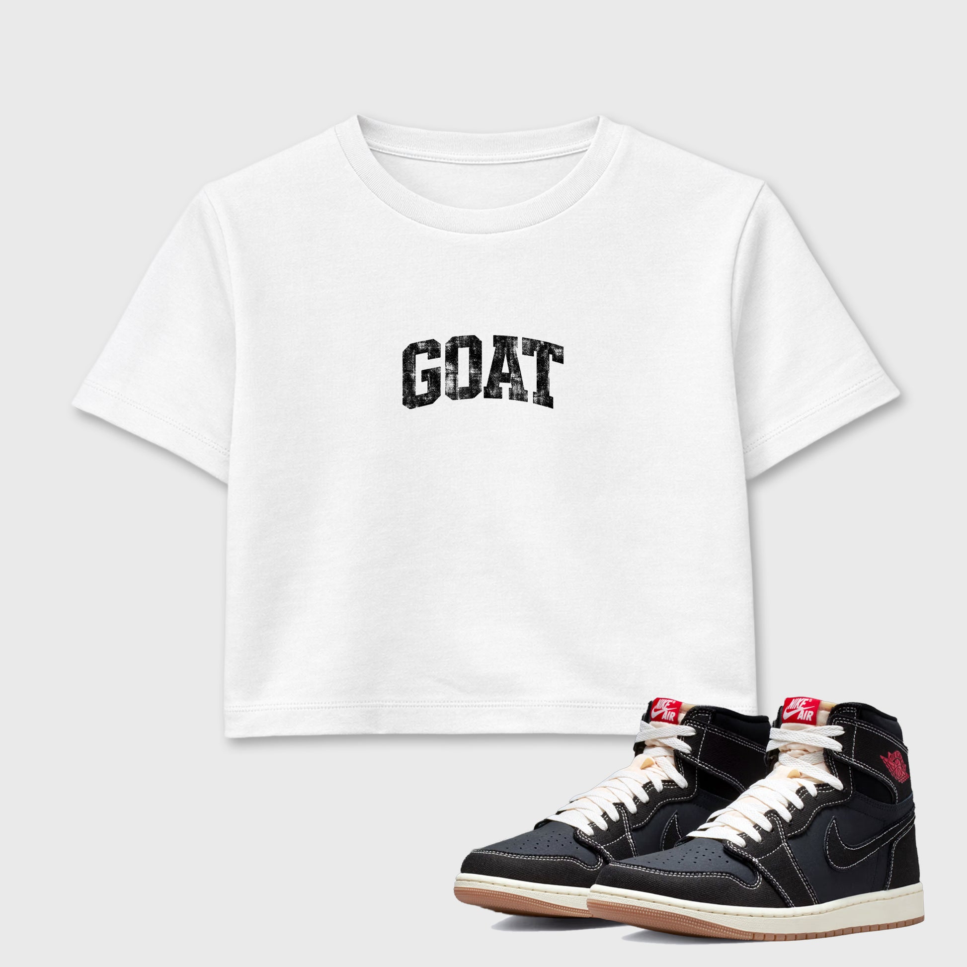 Sneaker match tees – Sneaker Tees To Match Air Jordan 1 Flight Club Shoes – Vintage Goat Crop T-Shirt White 1