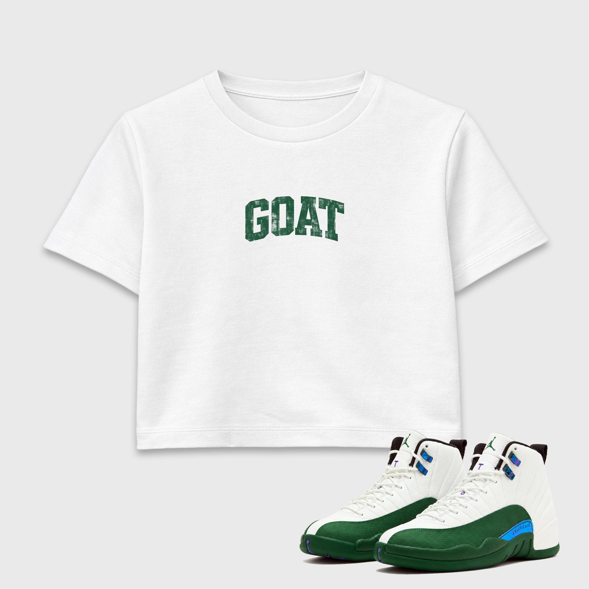Vintage Goat women’s crop tee designed to match the Air Jordan 12 Summit Green, featuring coordinated White 1 options for a perfect streetwear vibe.