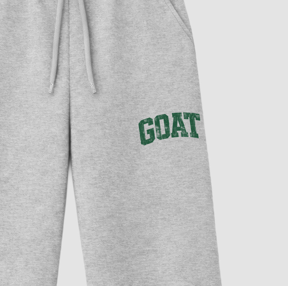 Vintage Goat graphic wide cut sweatpants designed to match the Air Jordan 12 Summit Green, featuring coordinated Heather Grey 2 options for a perfect streetwear vibe.