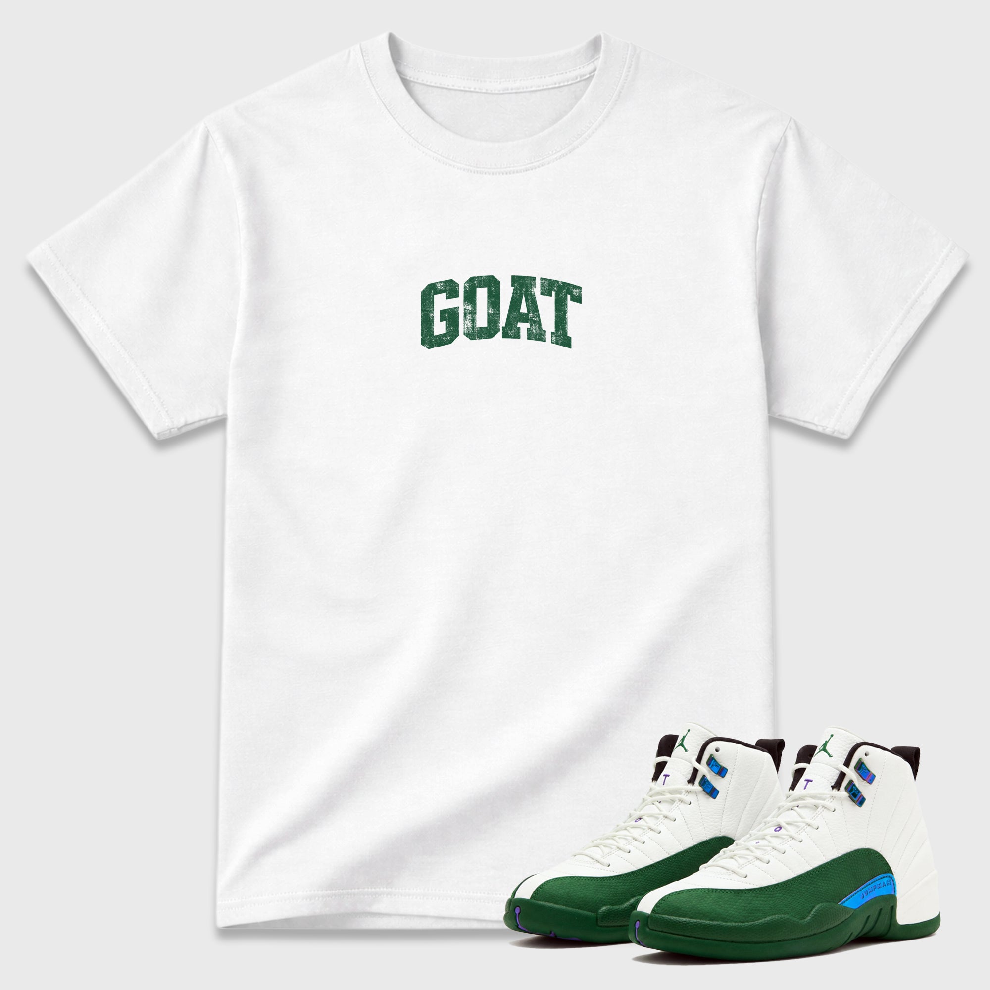 Vintage Goat Graphic T-Shirt featuring original streetwear artwork designed to match the Air Jordan 12 Summit Green. White 1 Graphic T-Shirt.