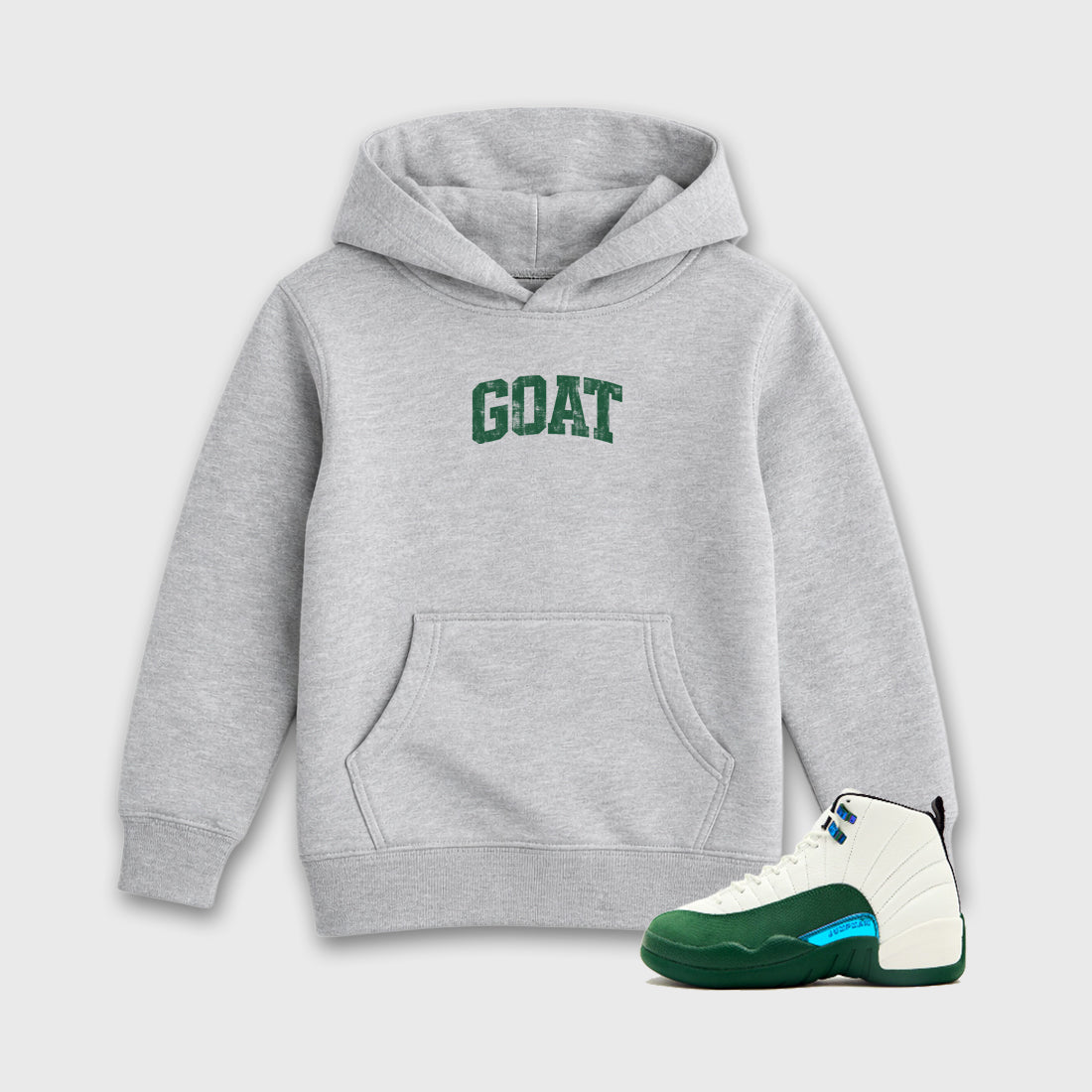 Vintage Goat Baby & Kids Graphic Hoodie featuring original artwork designed to match the Air Jordan 12 Summit Green. Heather Grey 1 Kids Graphic Sweater.