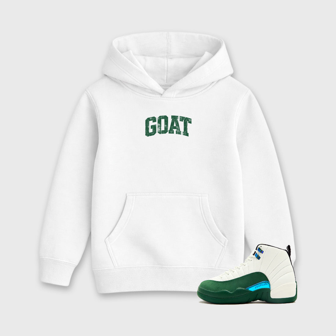 Vintage Goat Baby & Kids Graphic Hoodie featuring original artwork designed to match the Air Jordan 12 Summit Green. White 1 Kids Graphic Sweater.