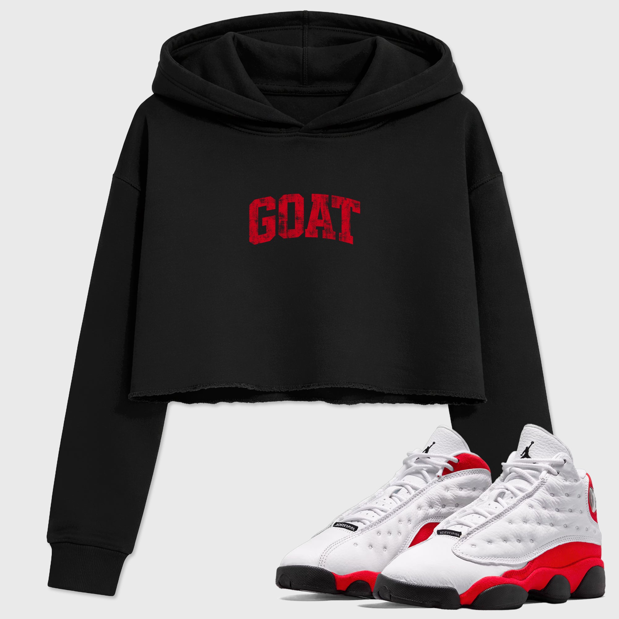 Sneaker match tees – Sneaker Tees To Match Air Jordan 13 University Red Shoes – Vintage Goat Crop T-Shirt Black 1