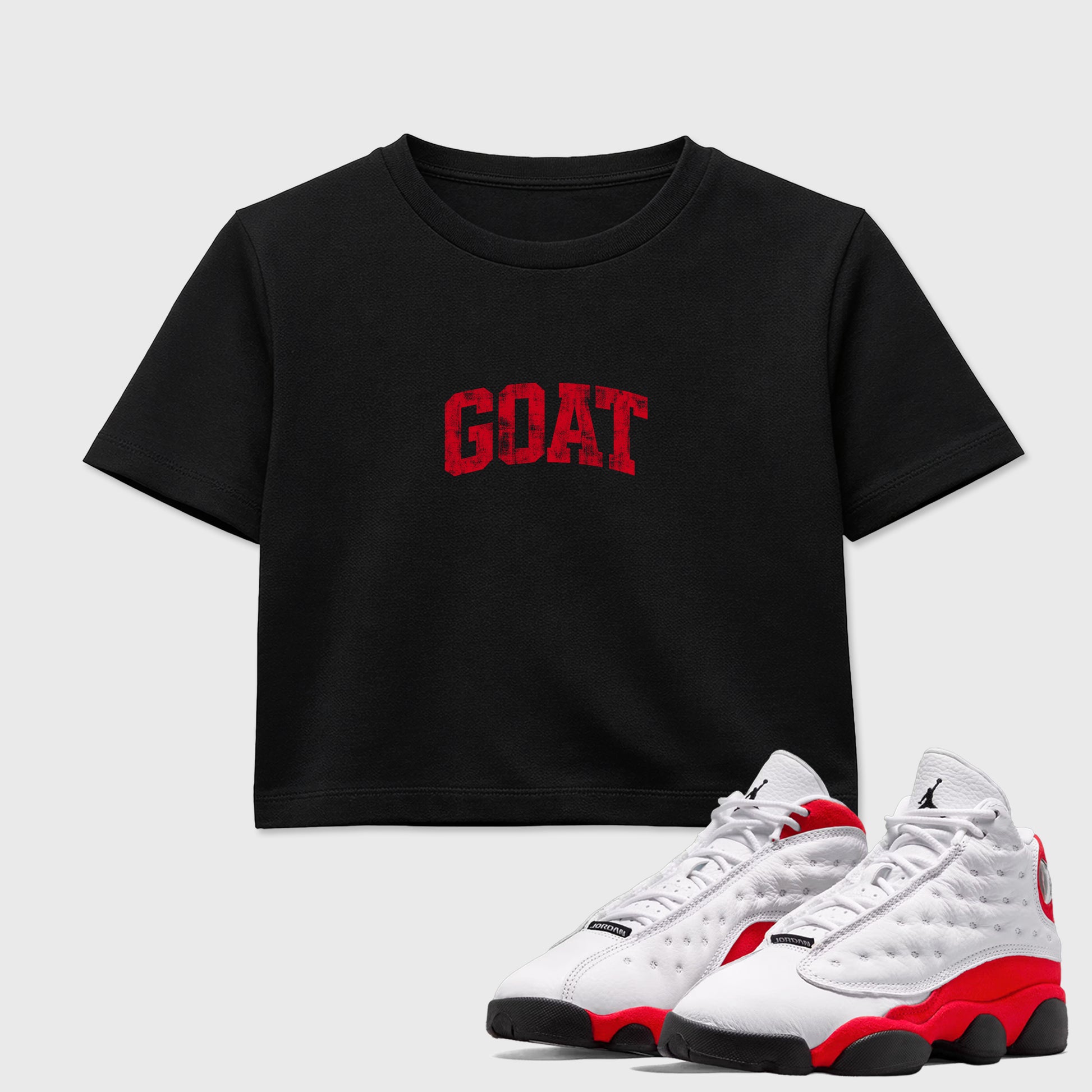 Sneaker match tees – Sneaker Tees To Match Air Jordan 13 University Red Shoes – Vintage Goat Crop T-Shirt Black 1
