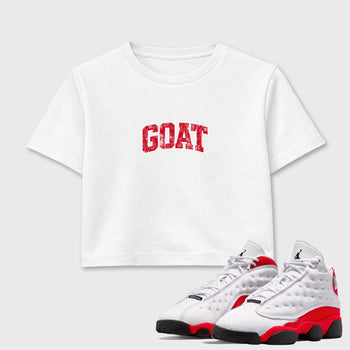 Sneaker match tees – Sneaker Tees To Match Air Jordan 13 University Red Shoes – Vintage Goat Crop T-Shirt White 1