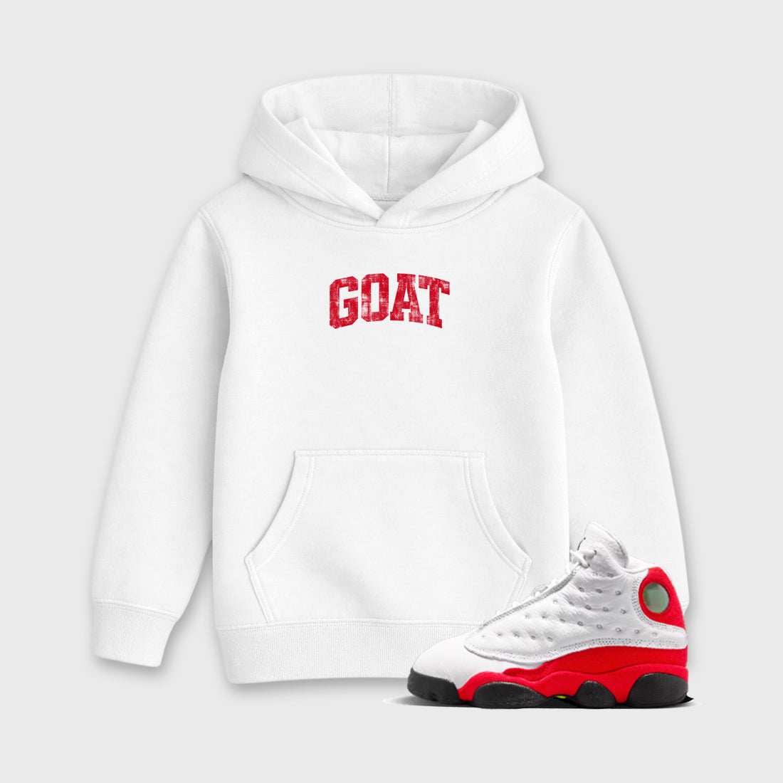 Sneaker match tees – Sneaker Tees To Match Air Jordan 13 University Red Shoes – Vintage Goat Kids T-Shirt White 1