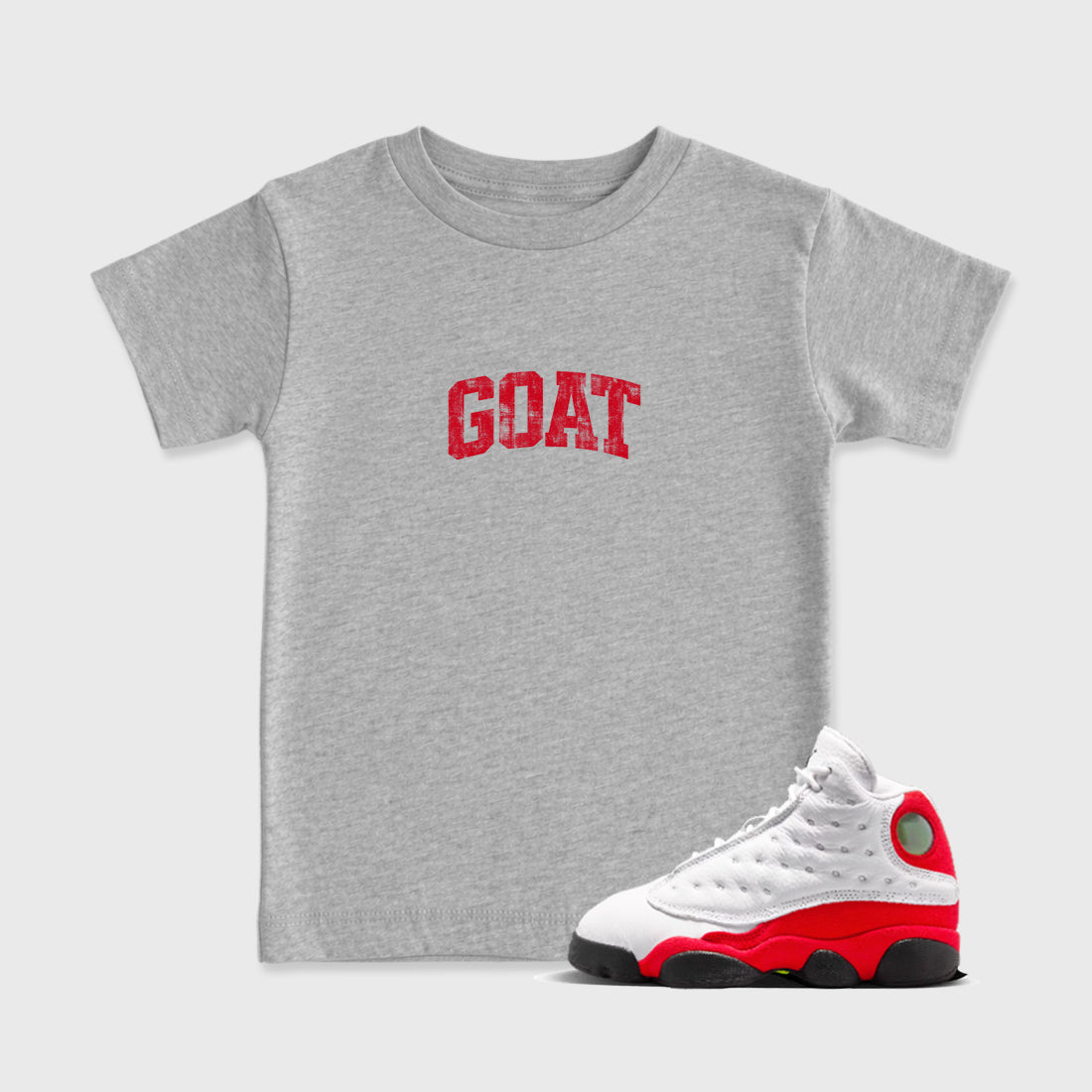 Sneaker match tees – Sneaker Tees To Match Air Jordan 13 University Red Shoes – Vintage Goat Kids T-Shirt Heather Grey 1