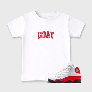 Sneaker match tees – Sneaker Tees To Match Air Jordan 13 University Red Shoes – Vintage Goat Kids T-Shirt White 1