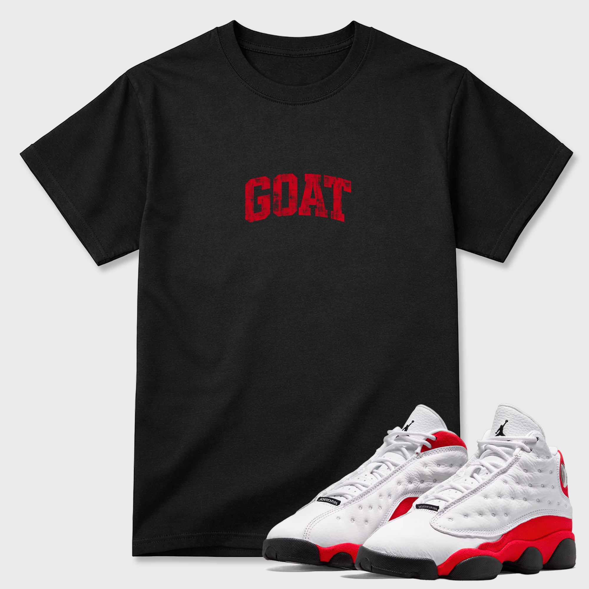 Sneaker match tees – Sneaker Tees To Match Air Jordan 13 University Red Shoes – Vintage Goat Tee Black 1