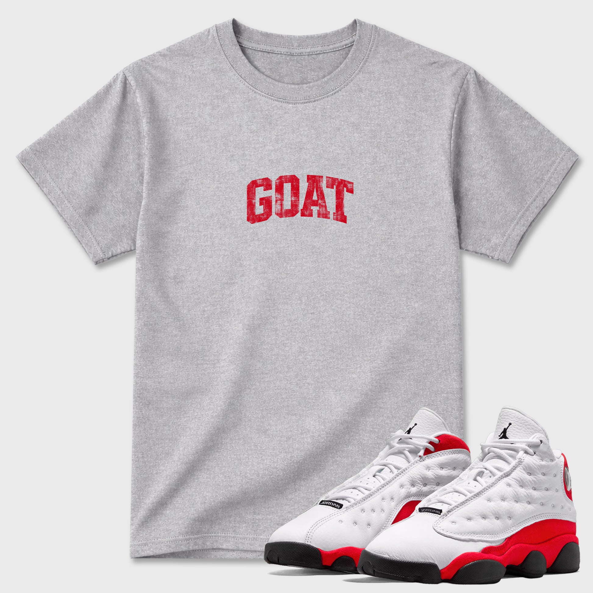 Sneaker match tees – Sneaker Tees To Match Air Jordan 13 University Red Shoes – Vintage Goat Tee Heather Grey 1