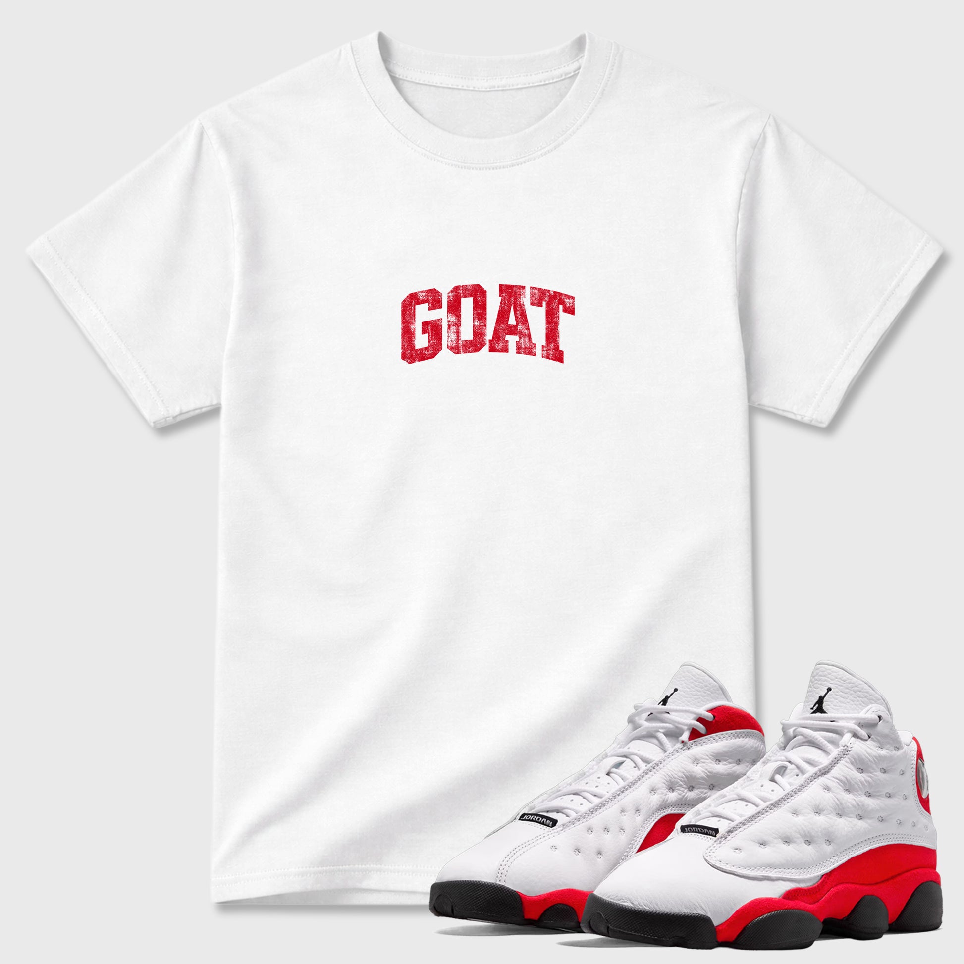 Sneaker match tees – Sneaker Tees To Match Air Jordan 13 University Red Shoes – Vintage Goat Tee White 1