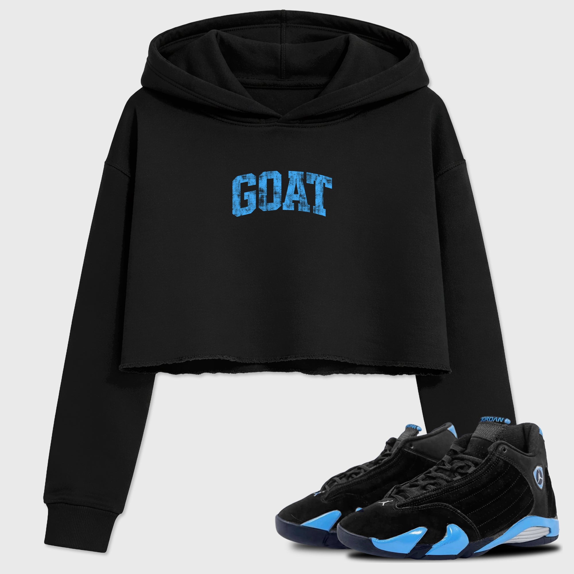 Sneaker match tees – Sneaker Tees To Match Air Jordan 14 University Blue Shoes – Vintage Goat Crop T-Shirt Black 1