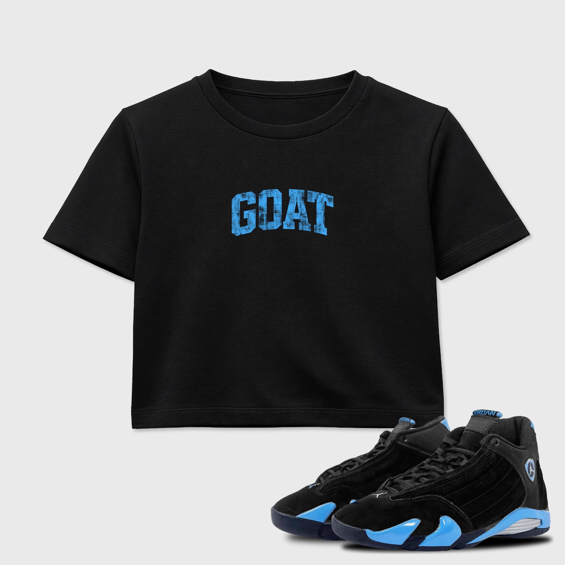 Sneaker match tees – Sneaker Tees To Match Air Jordan 14 University Blue Shoes – Vintage Goat Crop T-Shirt Black 1