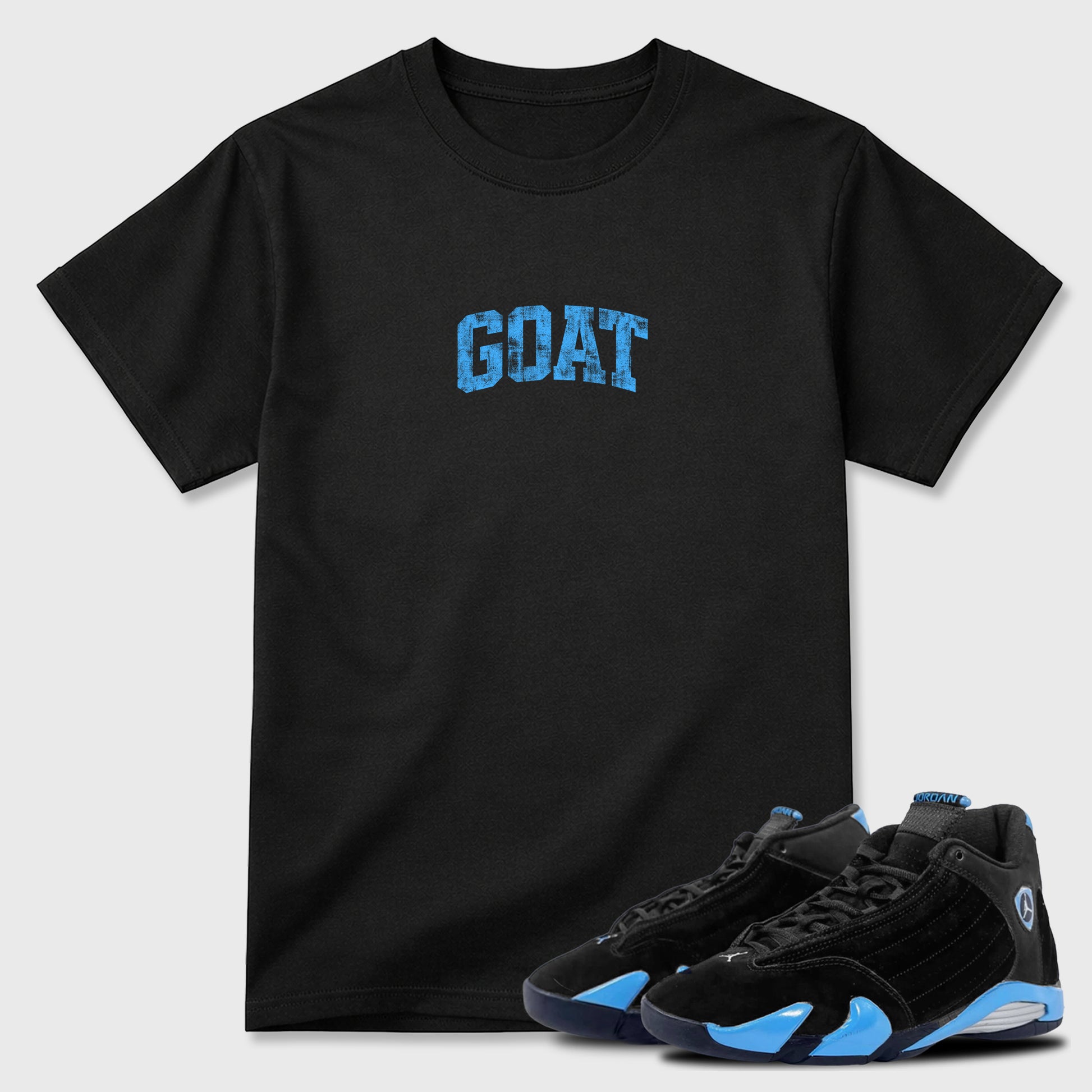 Sneaker match tees – Sneaker Tees To Match Air Jordan 14 University Blue Shoes – Vintage Goat Tee Black 1