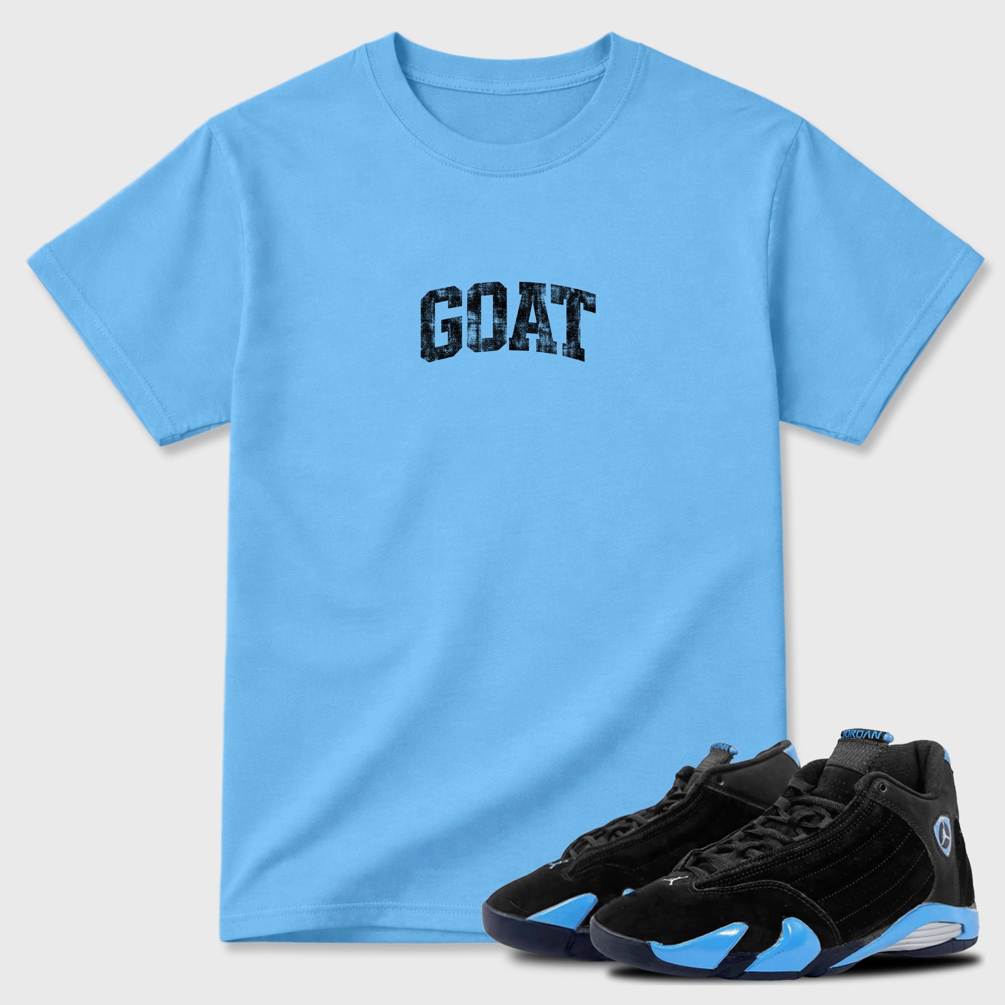 Sneaker match tees – Sneaker Tees To Match Air Jordan 14 University Blue Shoes – Vintage Goat Tee Carolina Blue 1
