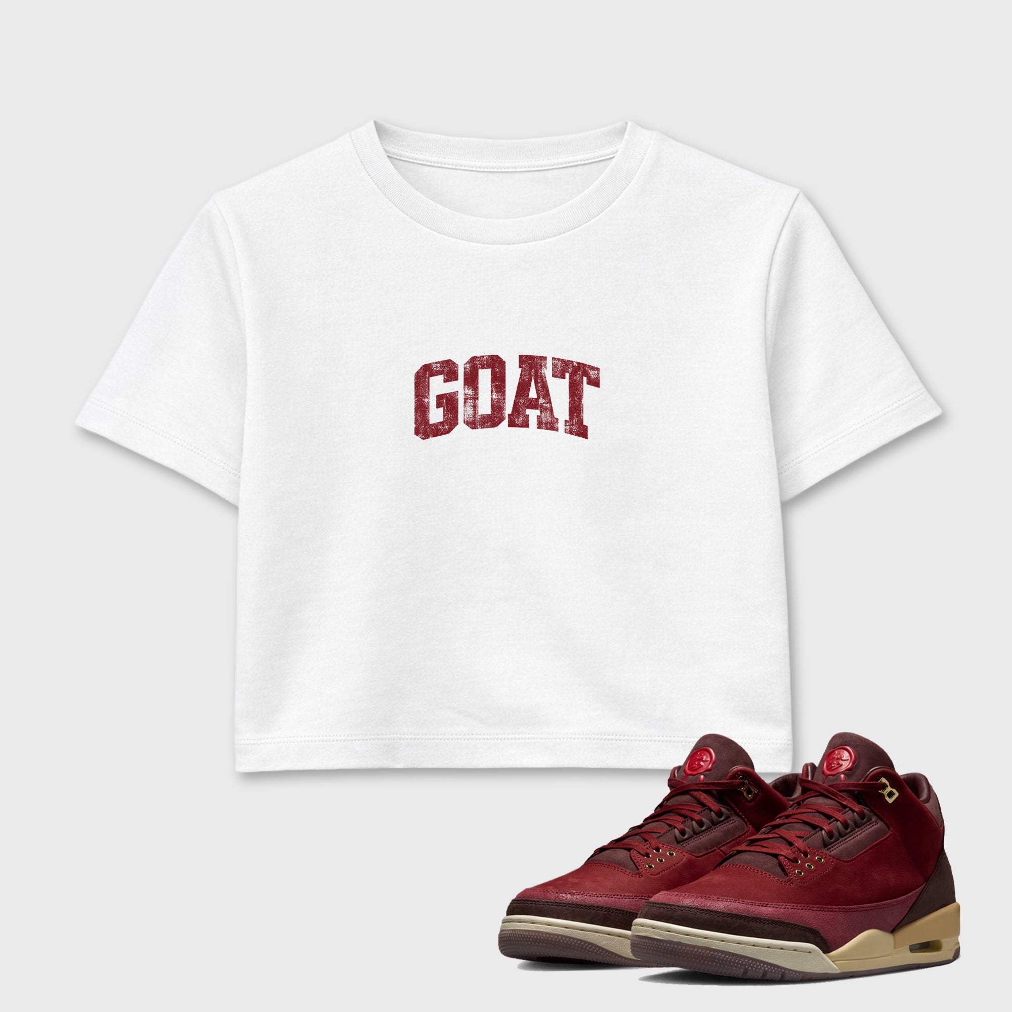Vintage Goat women’s crop tee designed to match the Air Jordan 3 Bin 23, featuring coordinated White 1 options for a perfect streetwear vibe.