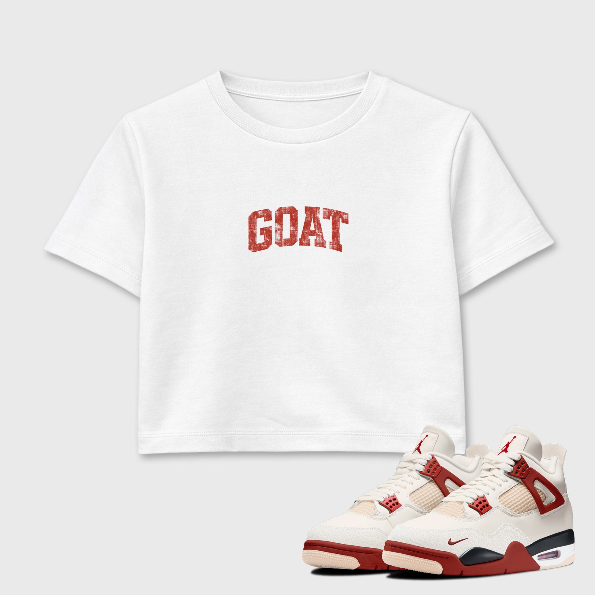Sneaker match tees – Sneaker Tees To Match Air Jordan 4 Brick After Brick Shoes – Vintage Goat Crop T-Shirt White 1