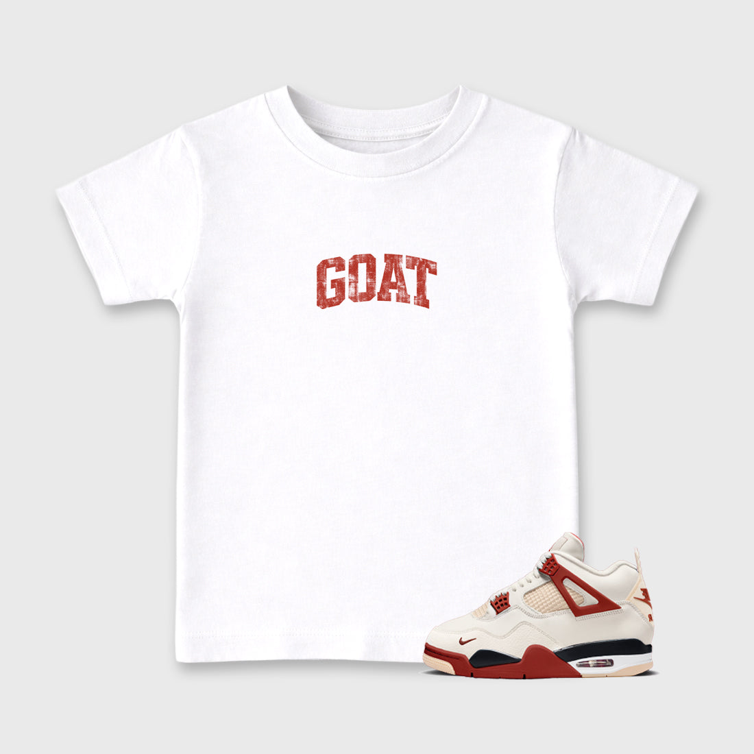 Sneaker match tees – Sneaker Tees To Match Air Jordan 4 Brick After Brick Shoes – Vintage Goat Kids T-Shirt White 1