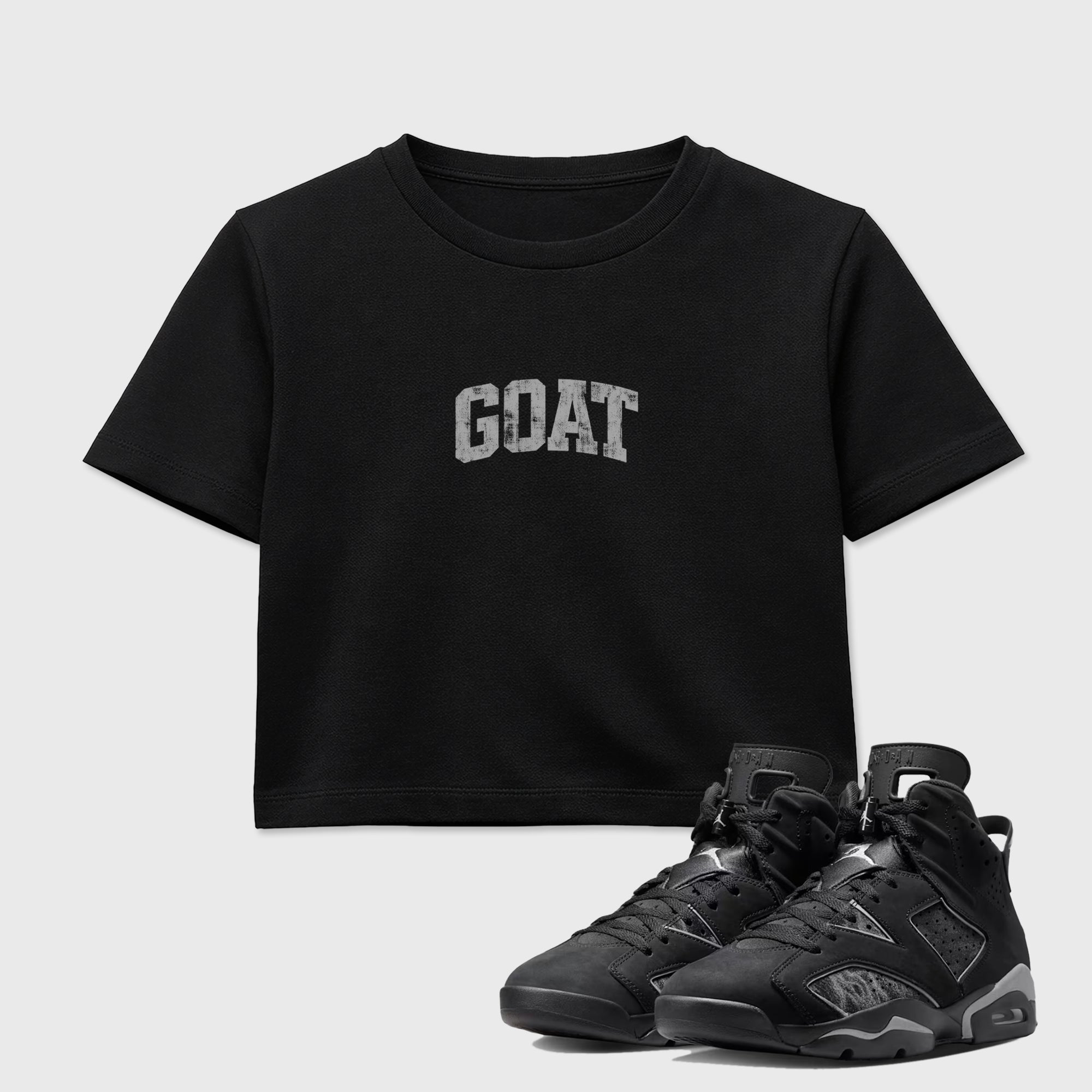 Sneaker match tees – Sneaker Tees To Match Air Jordan 6 Cap and Gown Shoes – Vintage Goat Crop T-Shirt Black 1