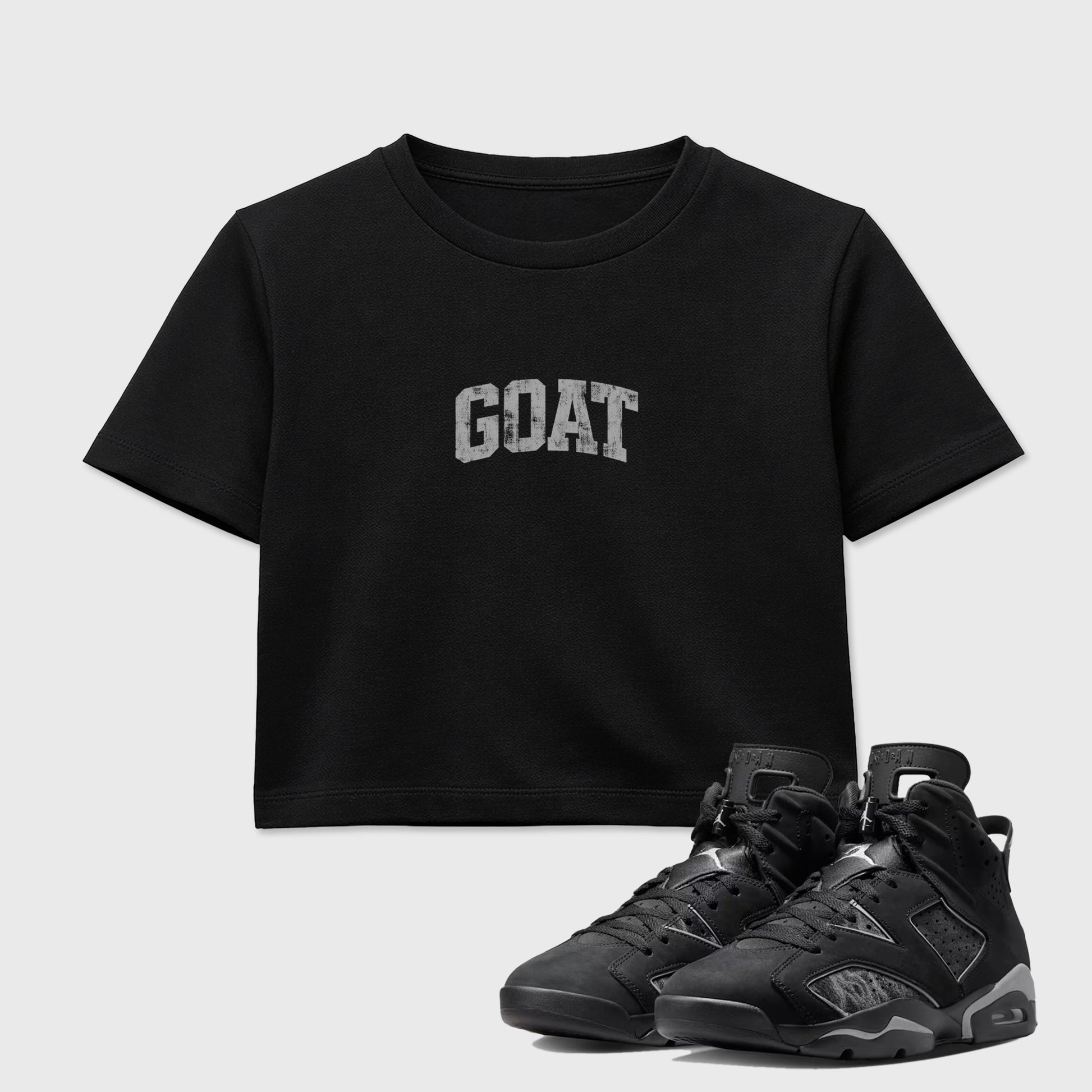 Sneaker match tees – Sneaker Tees To Match Air Jordan 6 Cap and Gown Shoes – Vintage Goat Crop T-Shirt Black 1