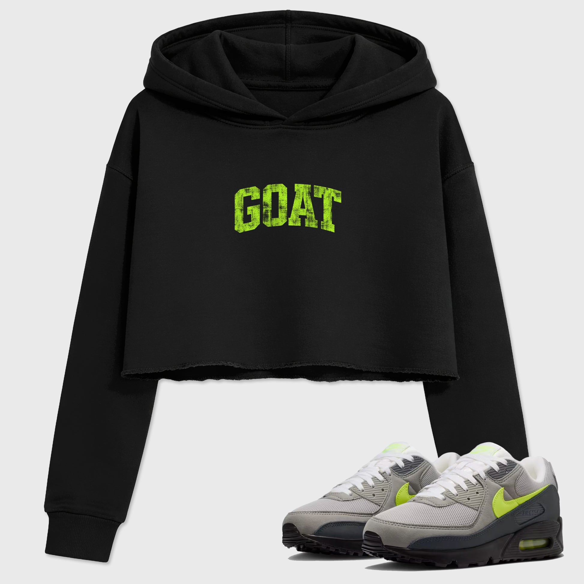 Sneakerfit graphic tee destination – Sneaker Tees To Match Air Max 90 Neon Yellow Sneakers – Vintage Goat Crop T-Shirt Black 1