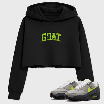 Sneakerfit graphic tee destination – Sneaker Tees To Match Air Max 90 Neon Yellow Sneakers – Vintage Goat Crop T-Shirt Black 1