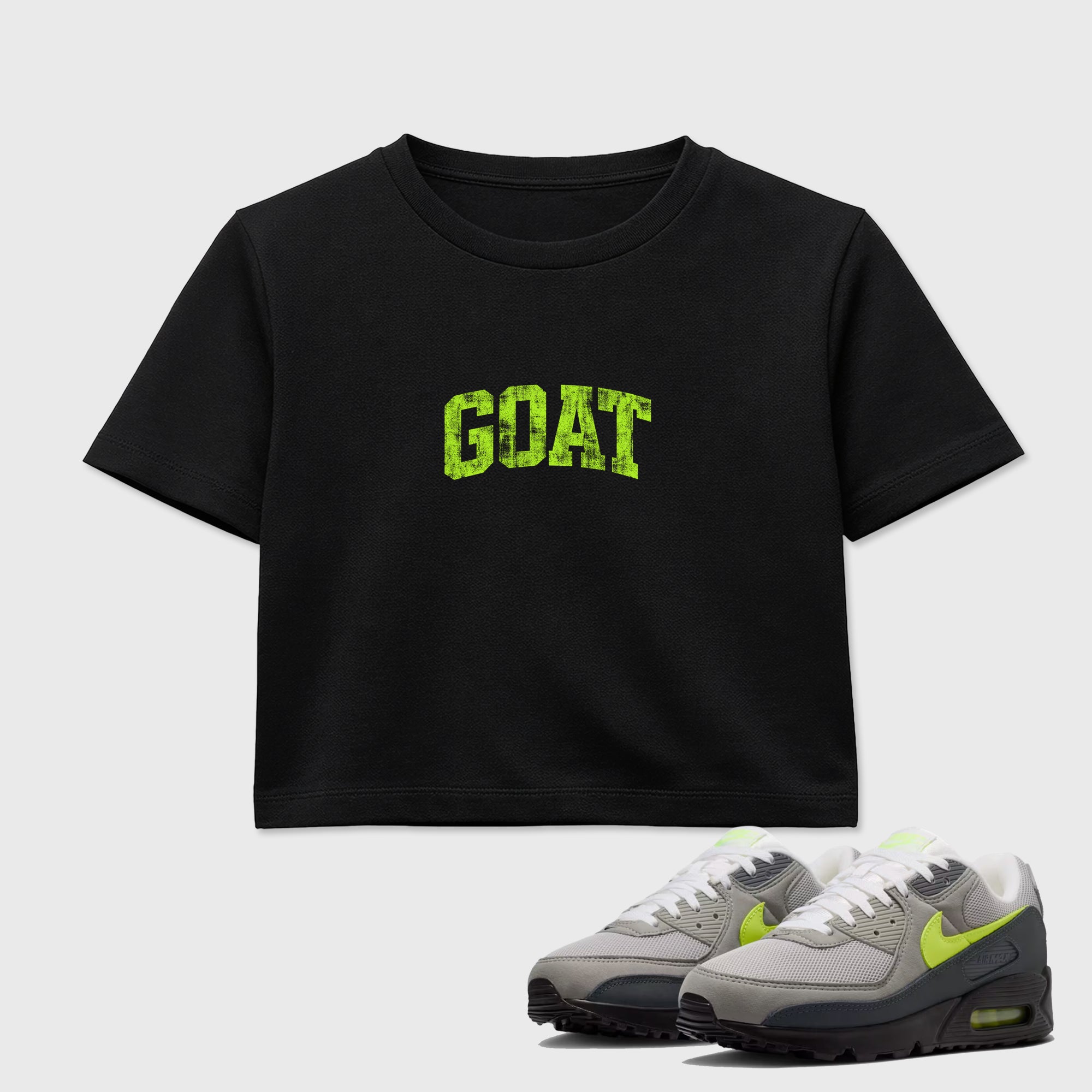 Sneakerfit graphic tee destination – Sneaker Tees To Match Air Max 90 Neon Yellow Sneakers – Vintage Goat Crop T-Shirt Black 1