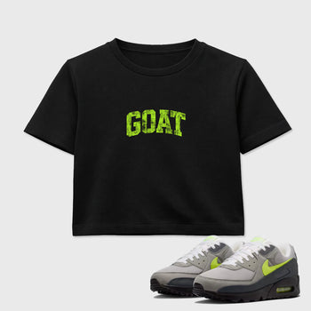 Sneakerfit graphic tee destination – Sneaker Tees To Match Air Max 90 Neon Yellow Sneakers – Vintage Goat Crop T-Shirt Black 1